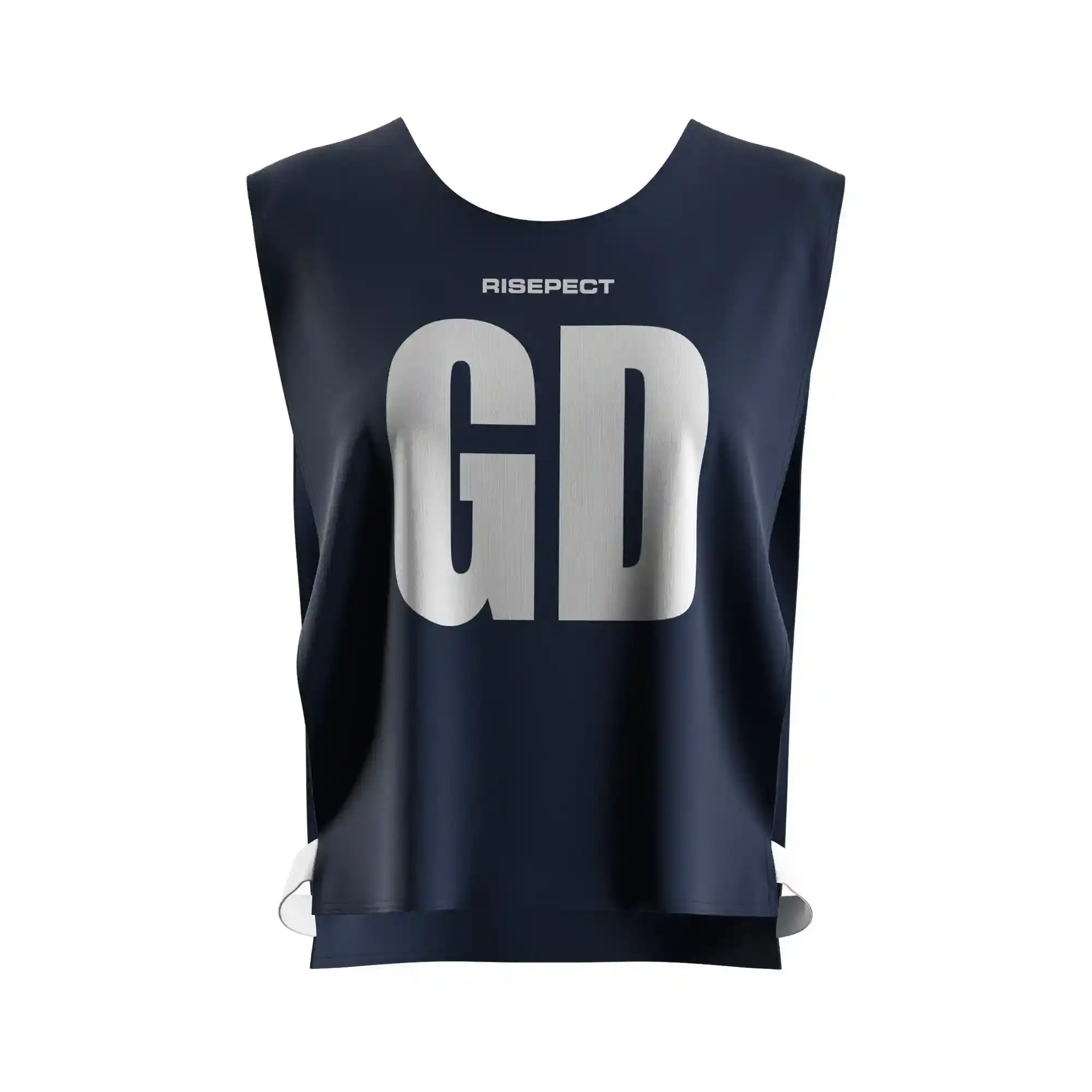 The front view of dark navy lightweight marathon kayak scrimmage vest for rowing events with the letters GD