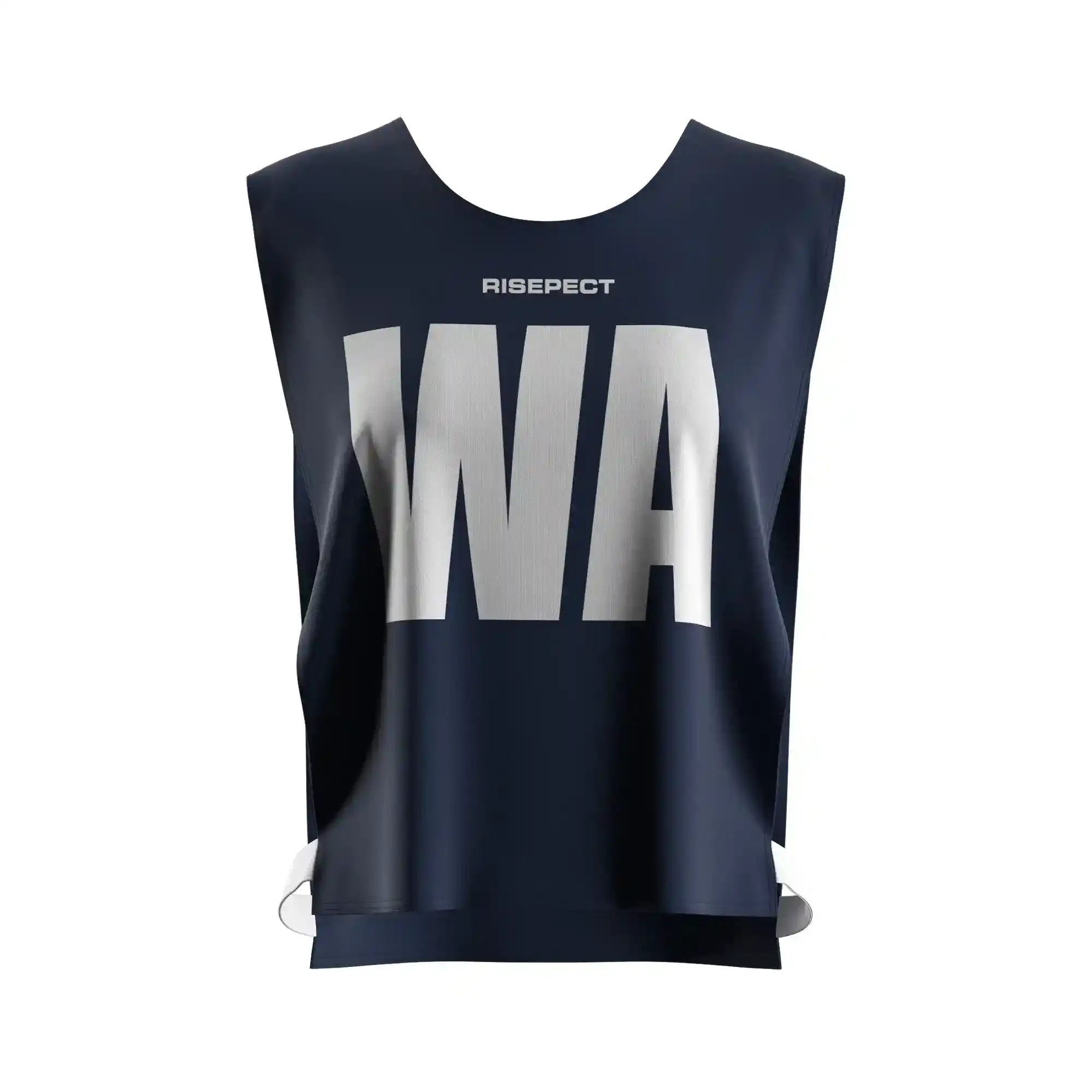 The front view of dark navy lightweight marathon kayak scrimmage vest for rowing events with the letters WA