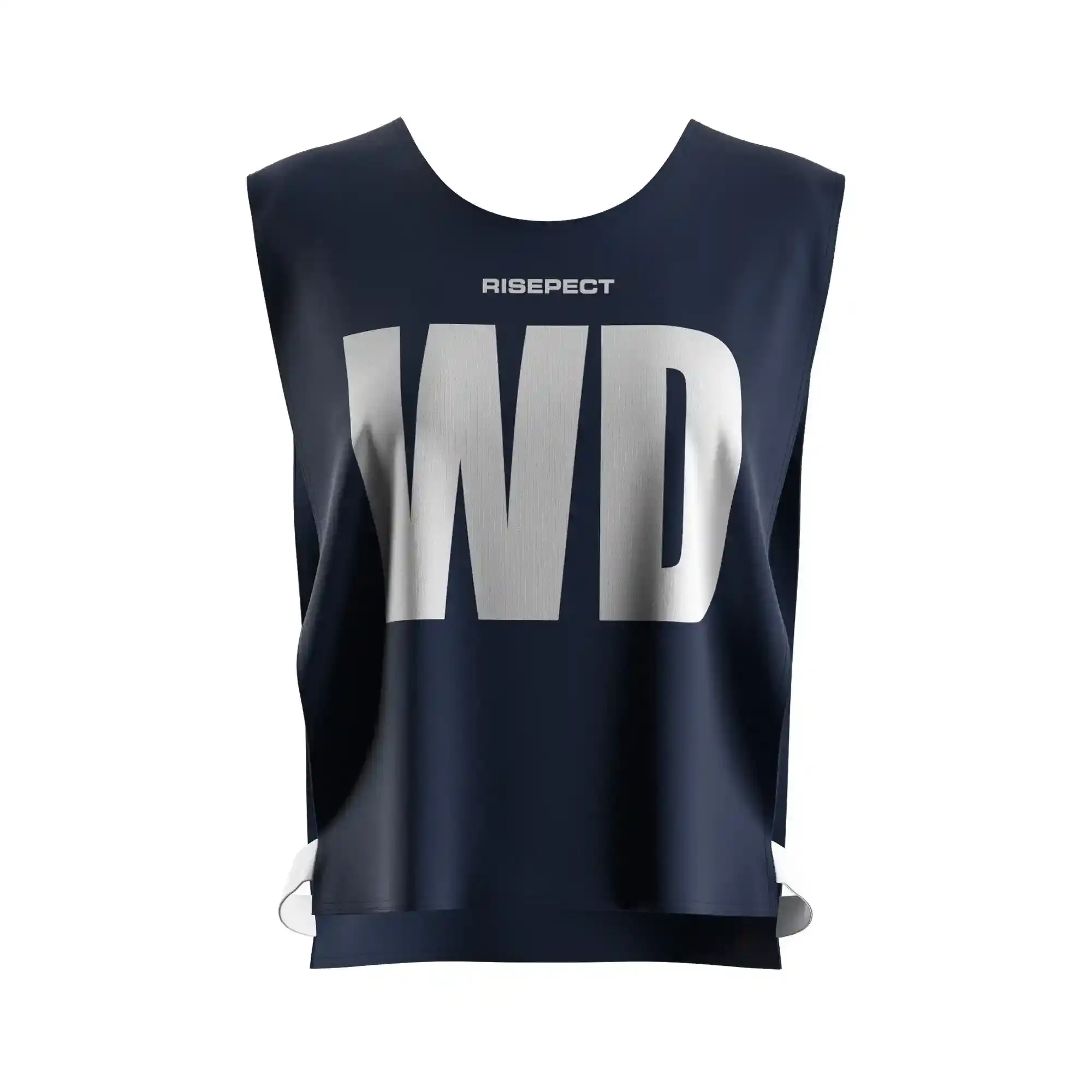 The front view of dark navy lightweight marathon kayak scrimmage vest for rowing events with the letters WD