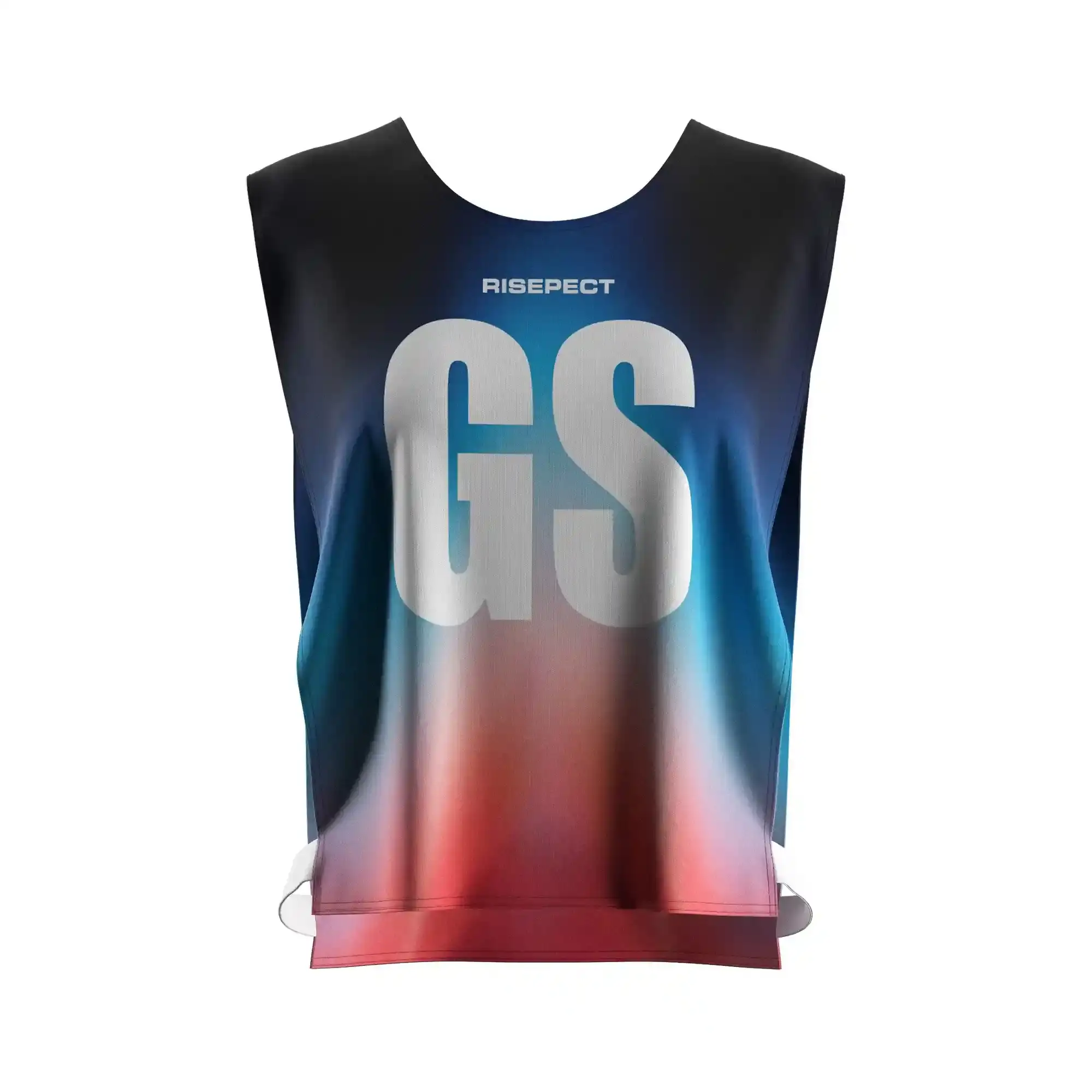 The front of elastic lady scrimmage vest custom canoe team number sublimation print with the letters GS