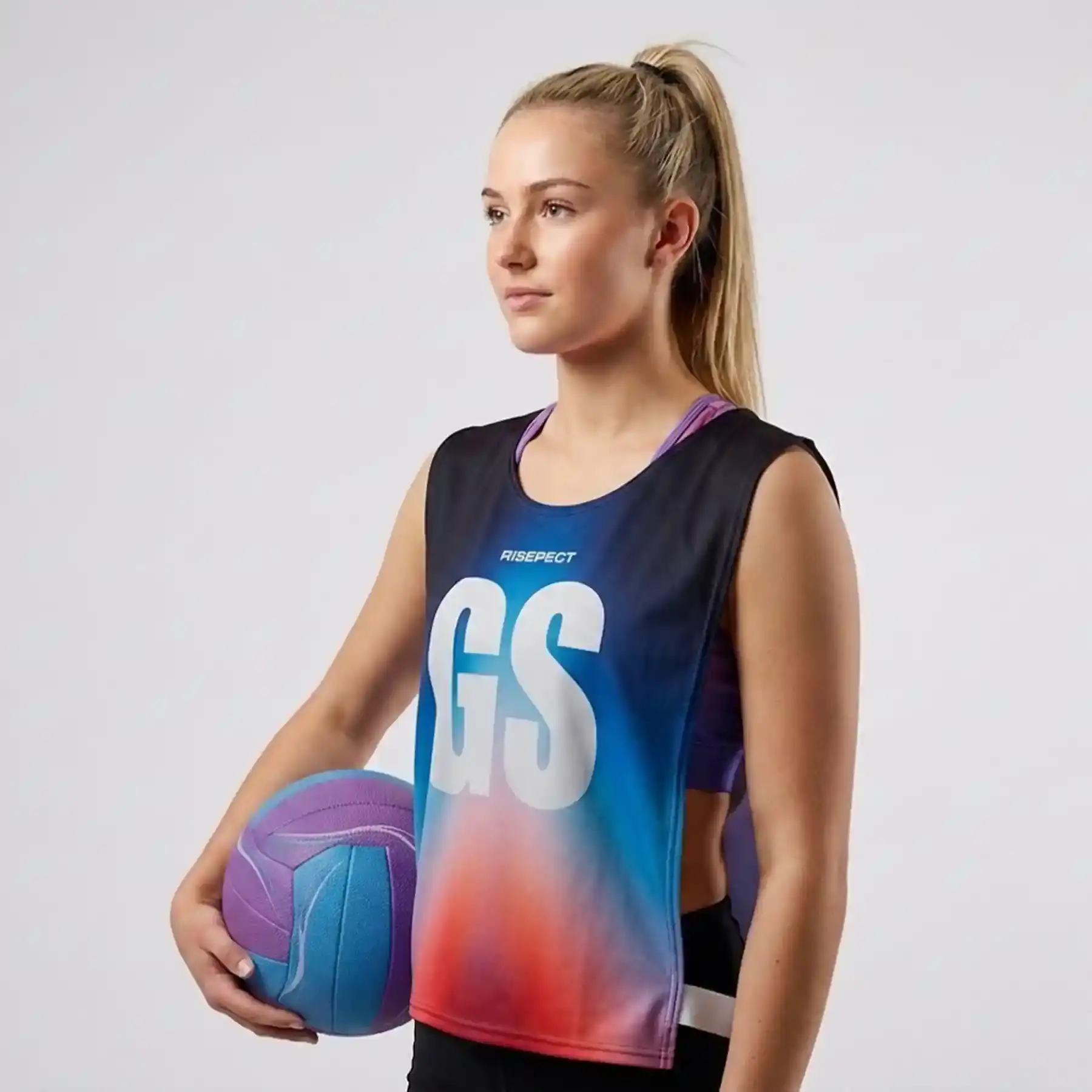 Female model in elastic lady scrimmage vest custom canoe team number sublimation print