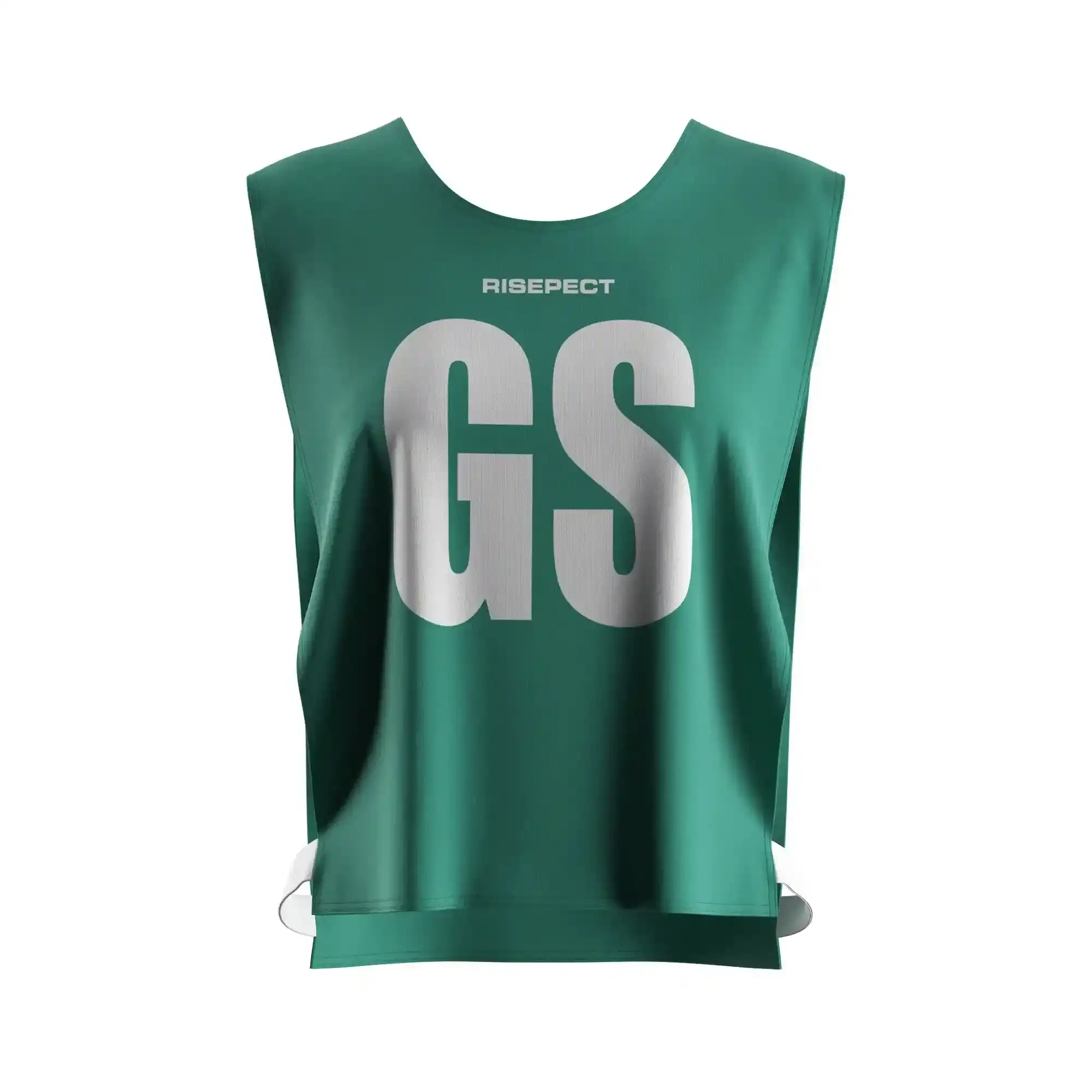 The front view of emerald green dragon boat team practice pinnies custom pattern/number with the letters GS