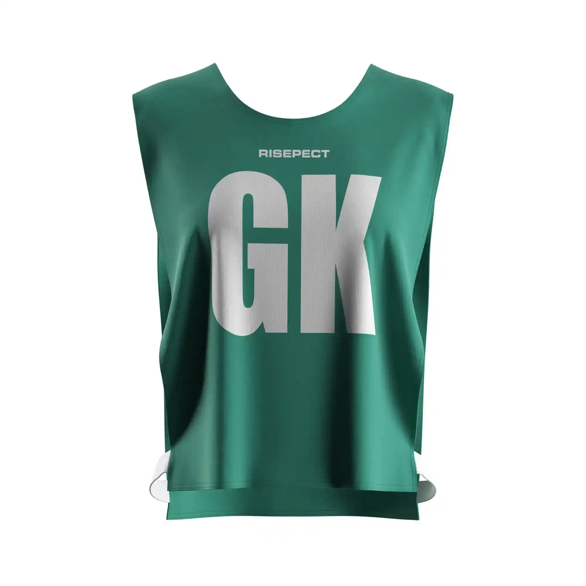 The front view of emerald green dragon boat team practice pinnies custom pattern/number with the letters GK