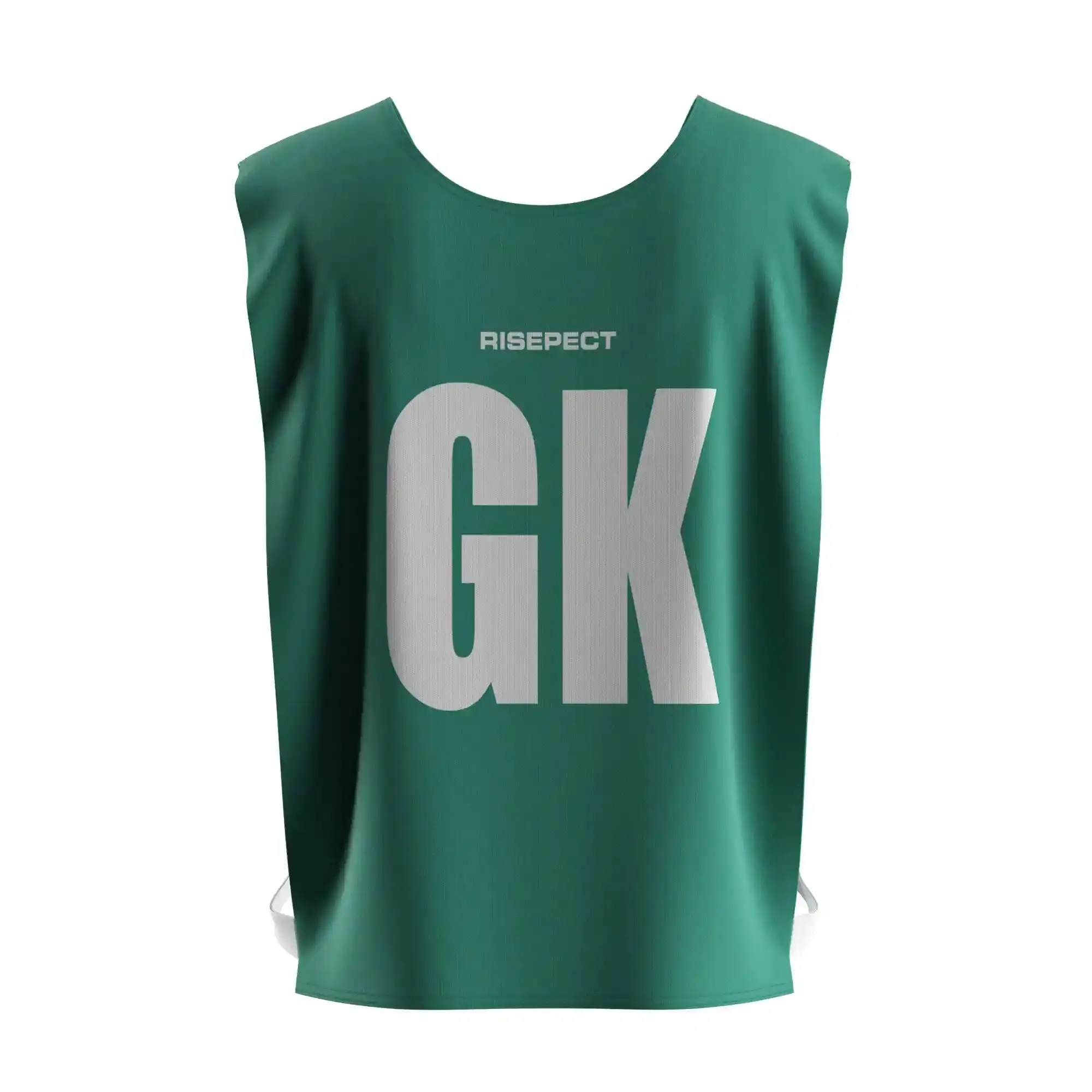 The back view of emerald green dragon boat team practice pinnies custom pattern/number with the letters GK
