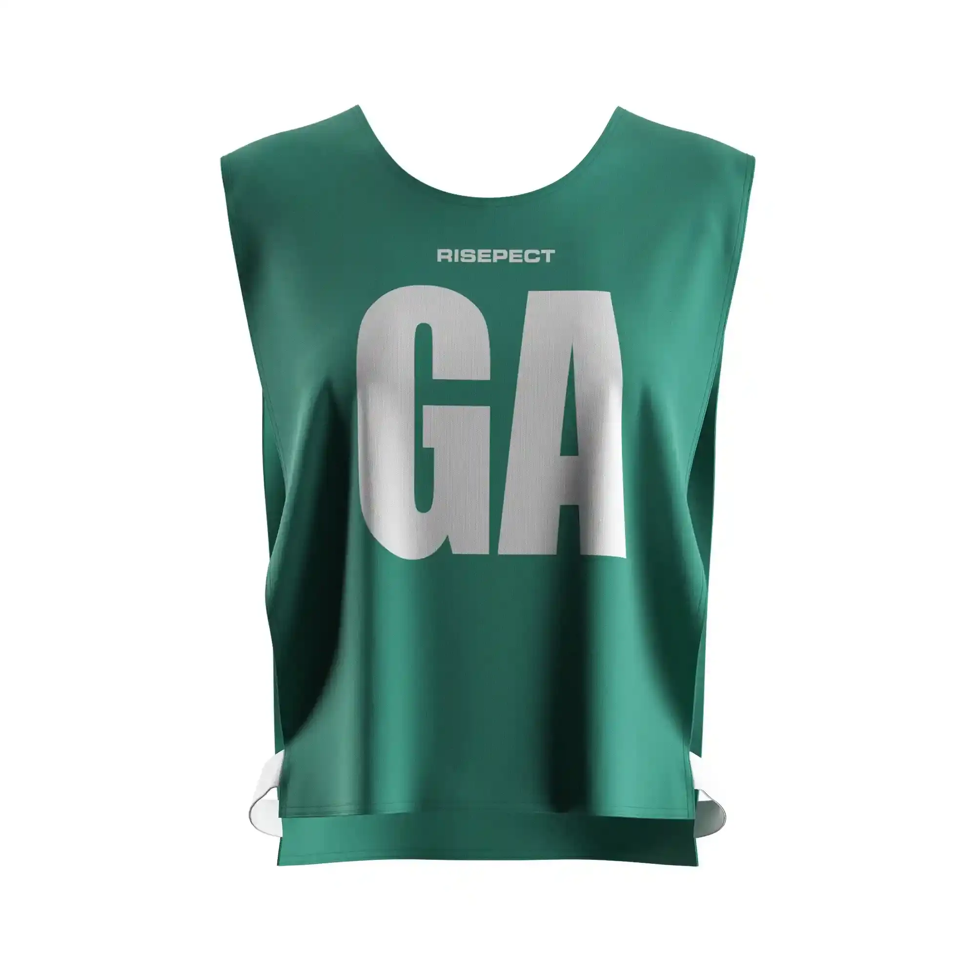 The front view of emerald green dragon boat team practice pinnies custom pattern/number with the letters GA