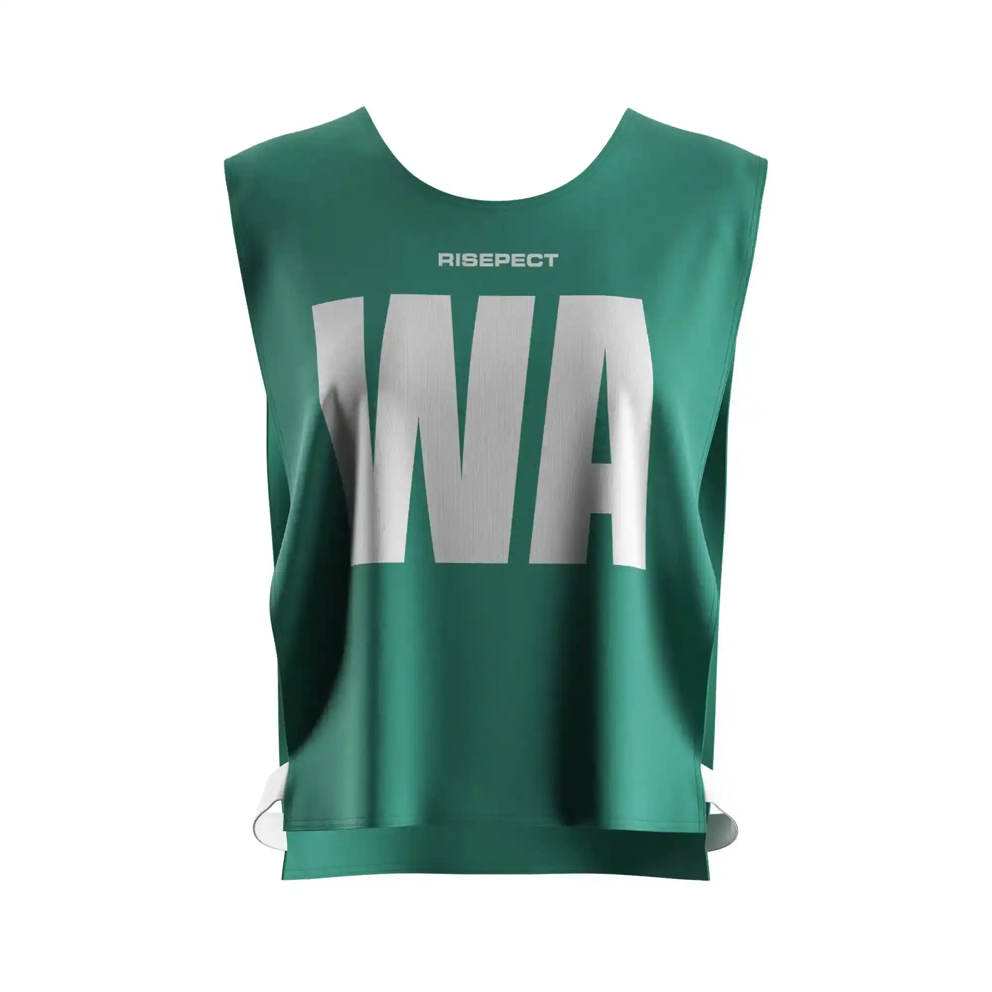 The front view of emerald green dragon boat team practice pinnies custom pattern/number with the letters WA