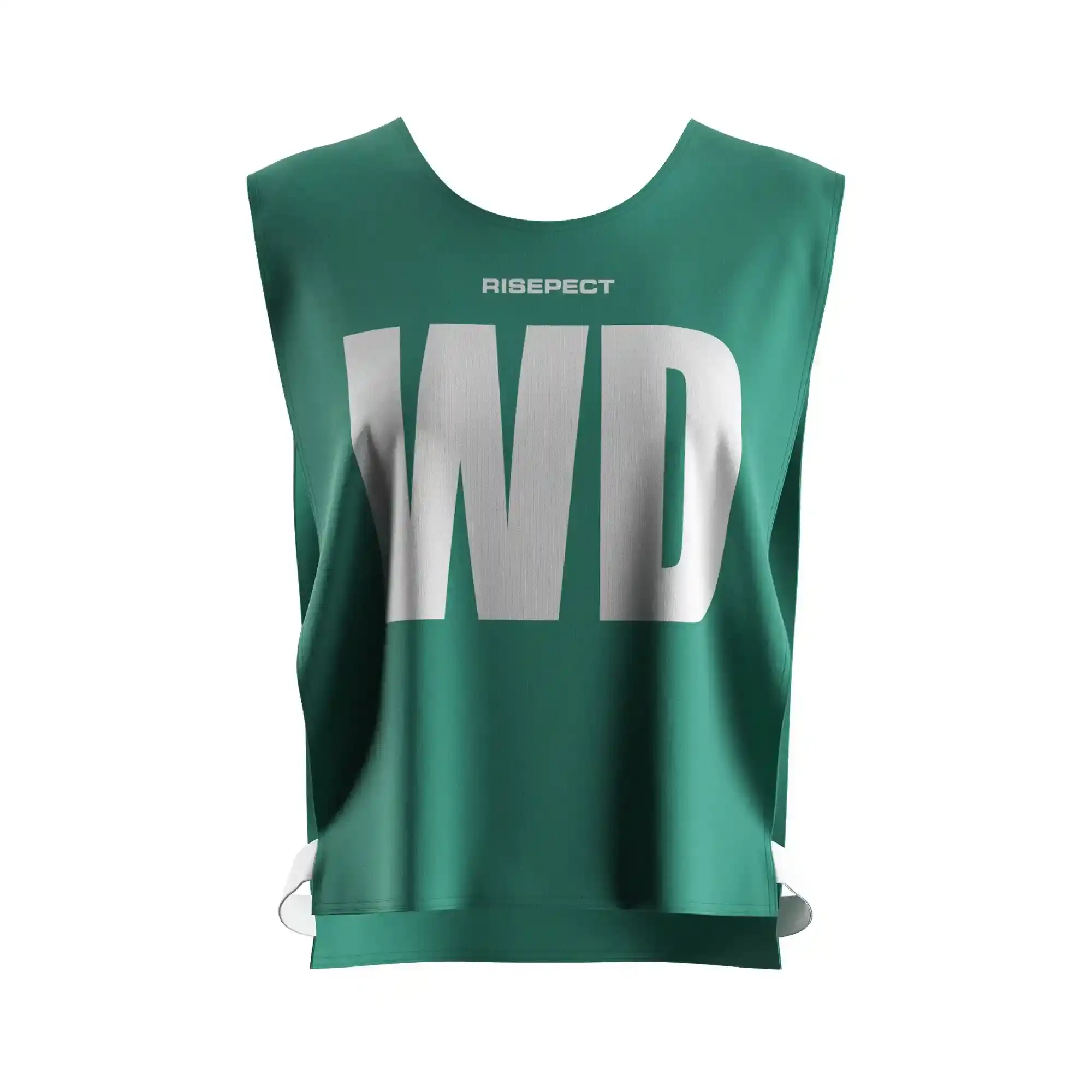 The front view of emerald green dragon boat team practice pinnies custom pattern/number with the letters WD