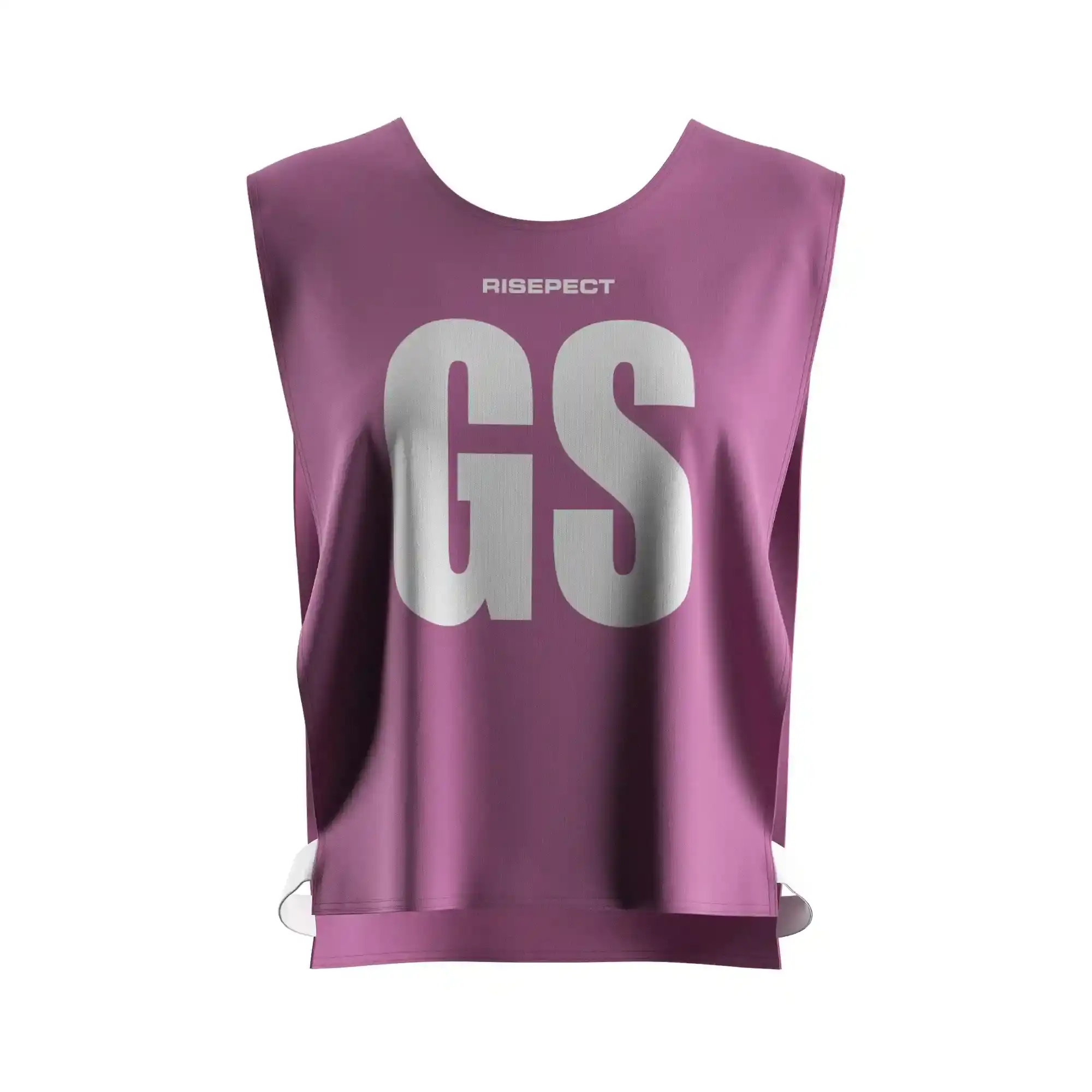 The front view of purple ventilated rowing soccer scrimmage vest canoe wear with the letters GS