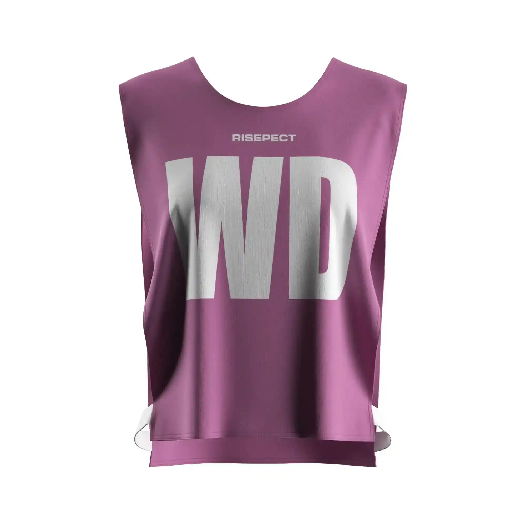 The front view of purple ventilated rowing soccer scrimmage vest canoe wear with the letters WD