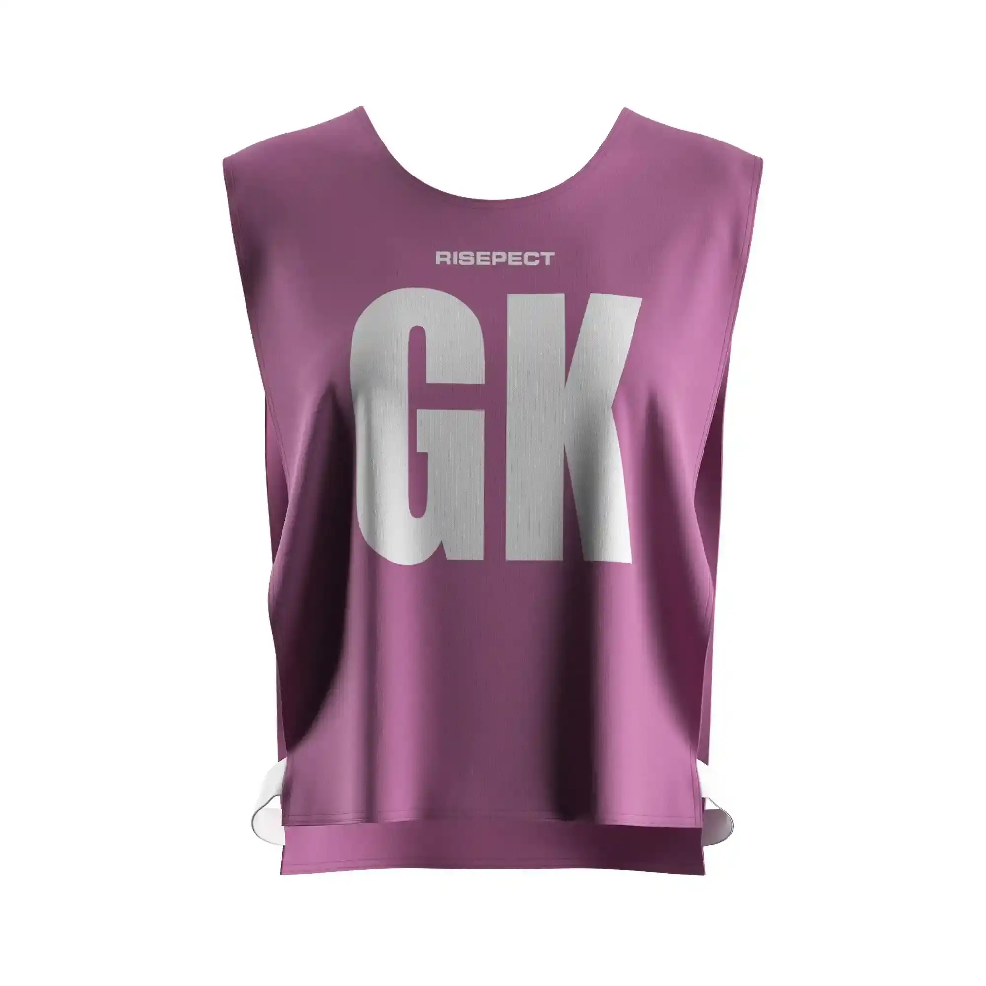The front view of purple ventilated rowing soccer scrimmage vest canoe wear with the letters GK