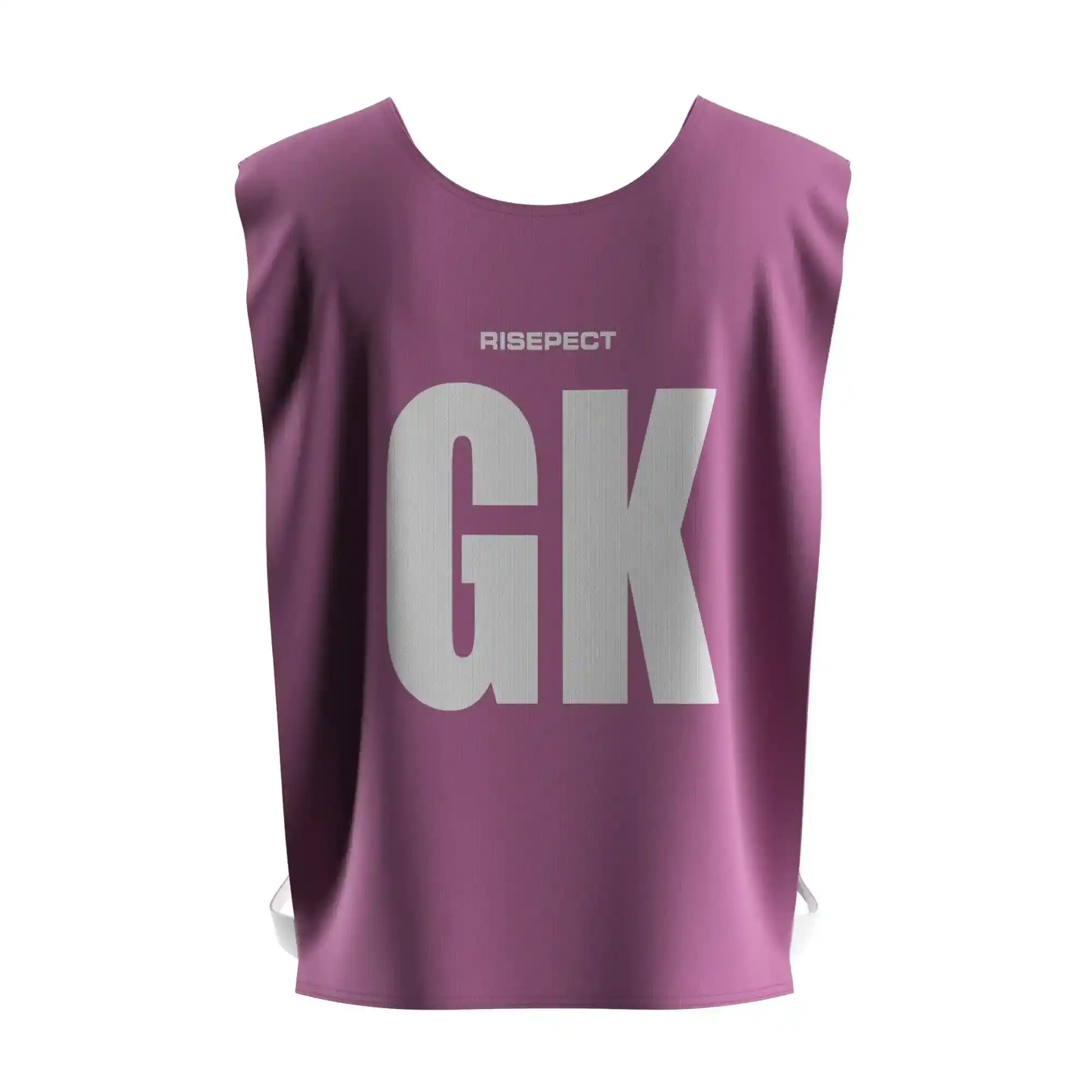 The back view of purple ventilated rowing soccer scrimmage vest canoe wear with the letters GK
