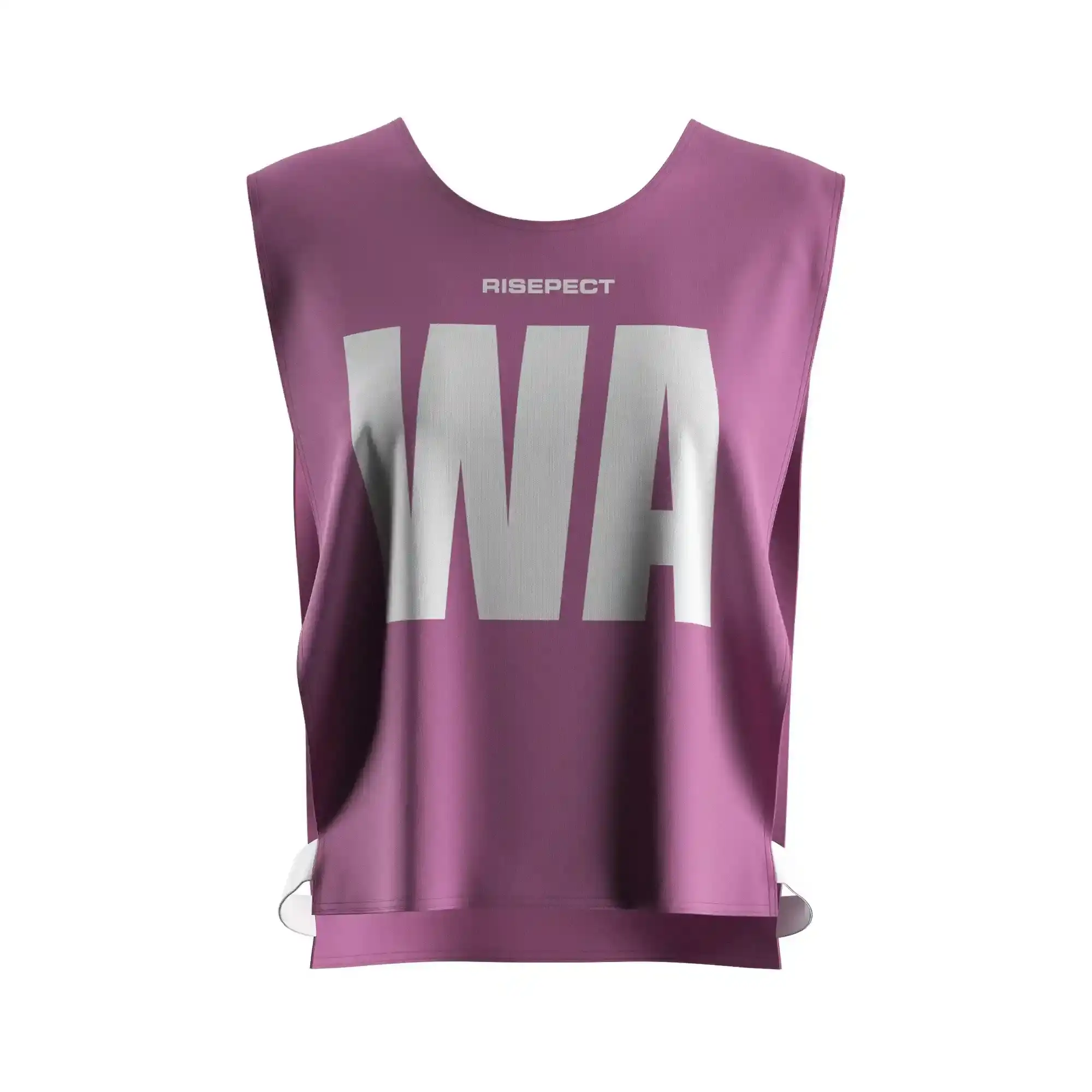 The front view of purple ventilated rowing soccer scrimmage vest canoe wear with the letters WA