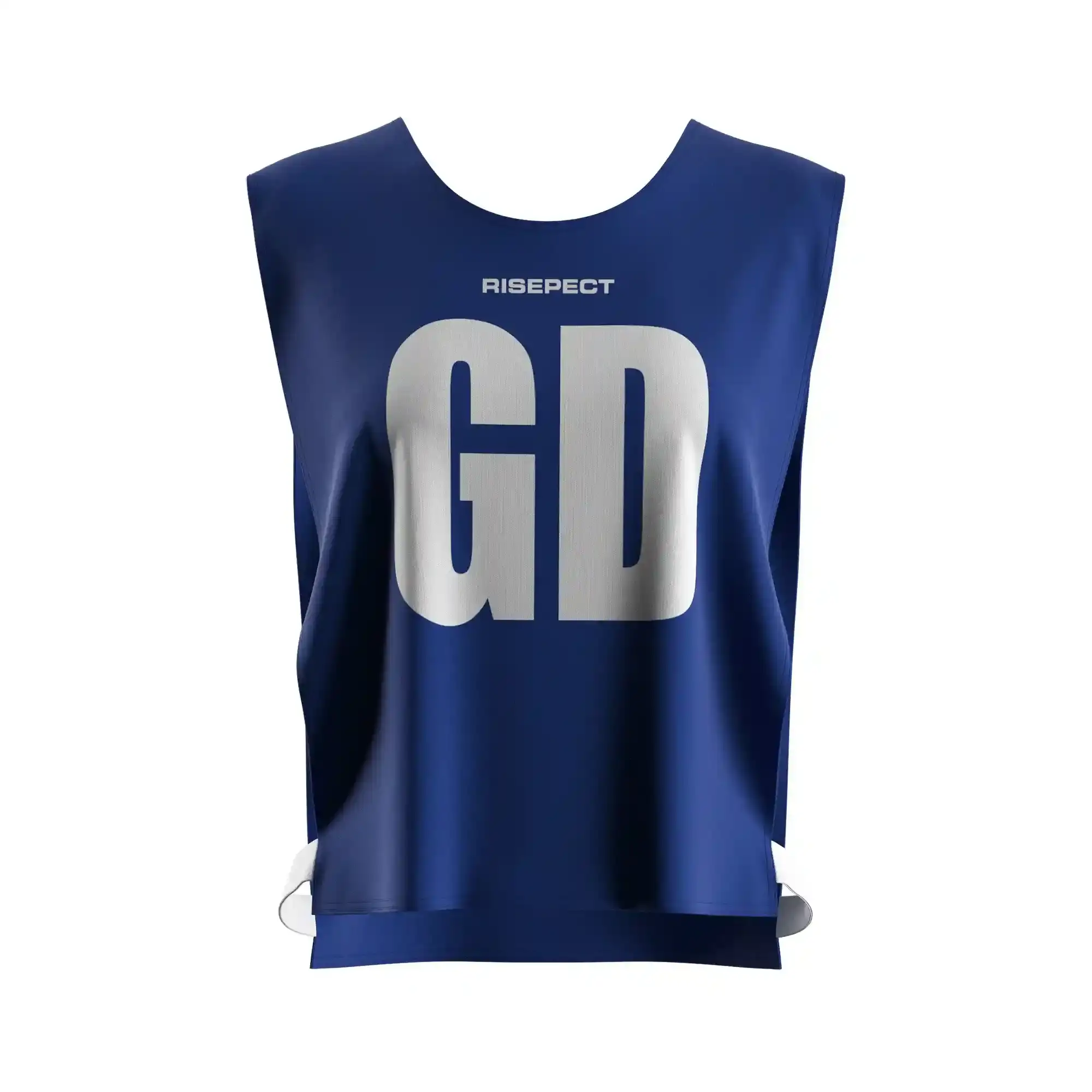 The front view of royal blue rowing training pinnies custom number kayak sup pinnie with the letters GD