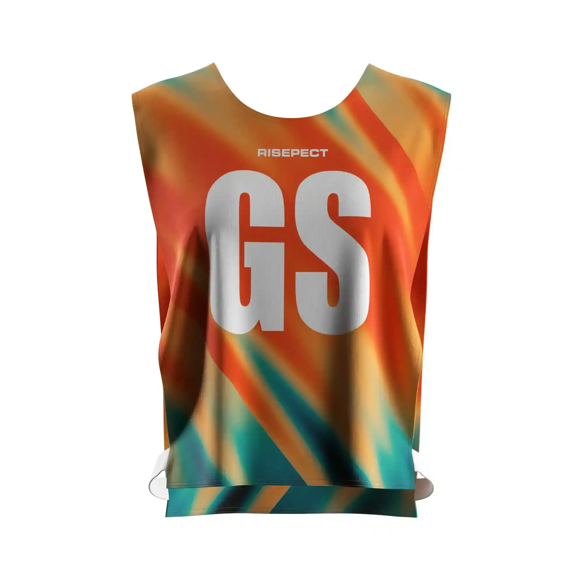 The front view of vibrant orange rowing marathon pinny open-sides with elastic straps with the letters GS