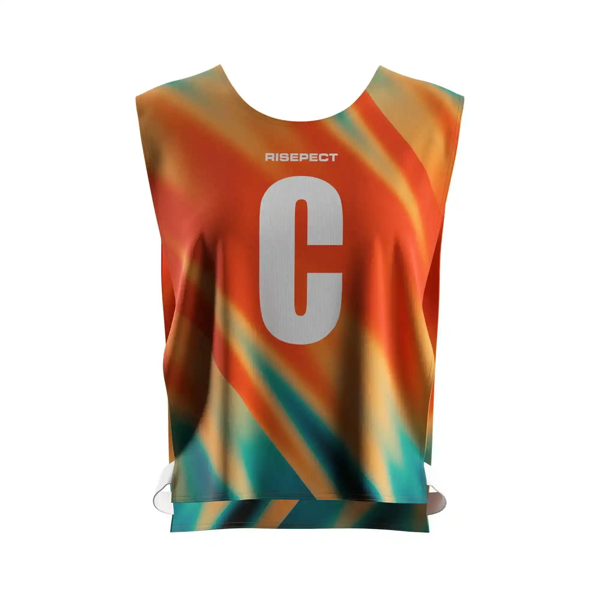 The front view of vibrant orange rowing marathon pinny open-sides with elastic straps with the letter C