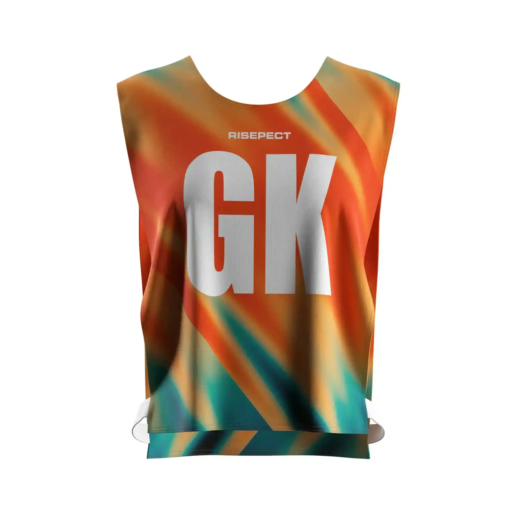 The front view of vibrant orange rowing marathon pinny open-sides with elastic straps with the letters GK