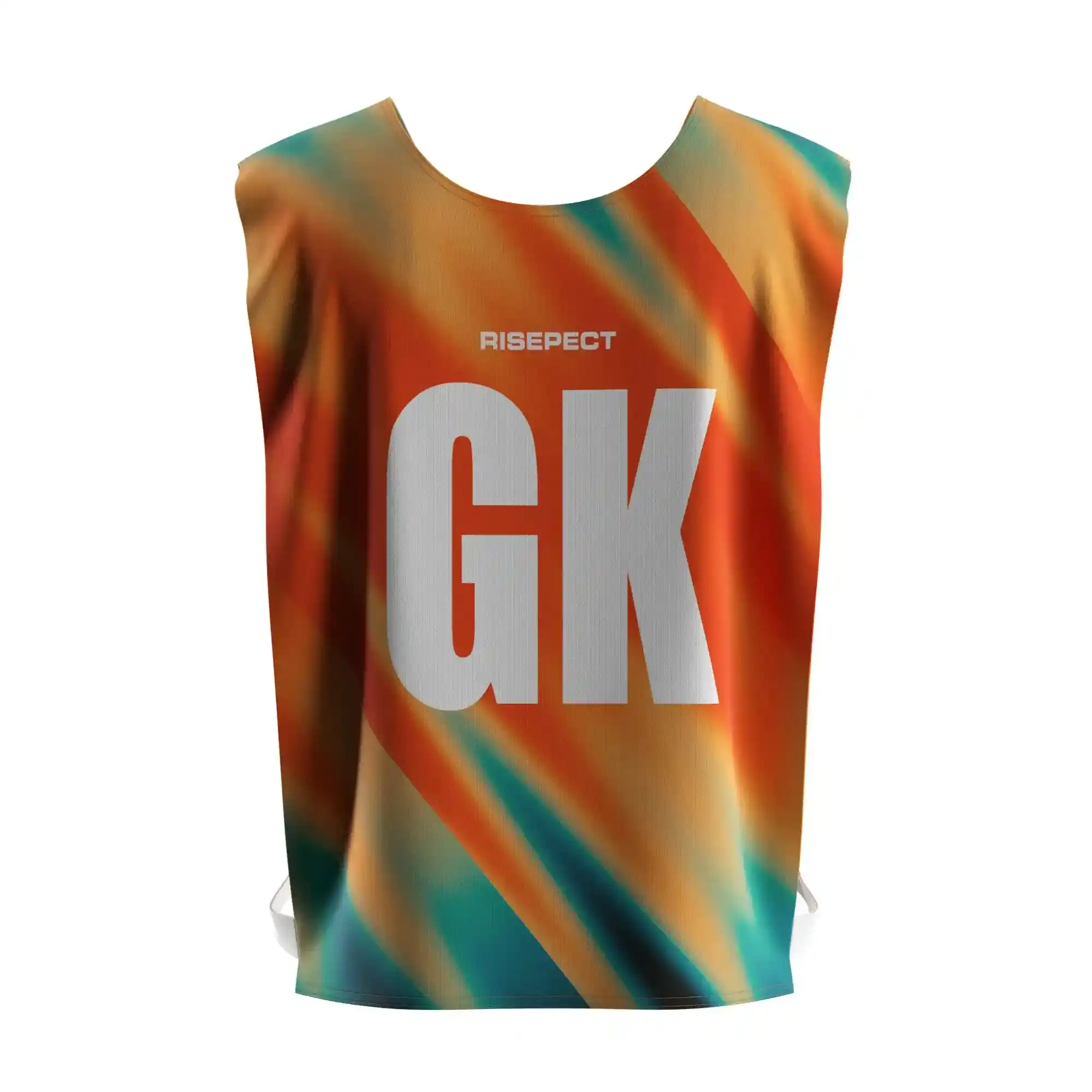 The back view of vibrant orange rowing marathon pinny open-sides with elastic straps with the letters GK