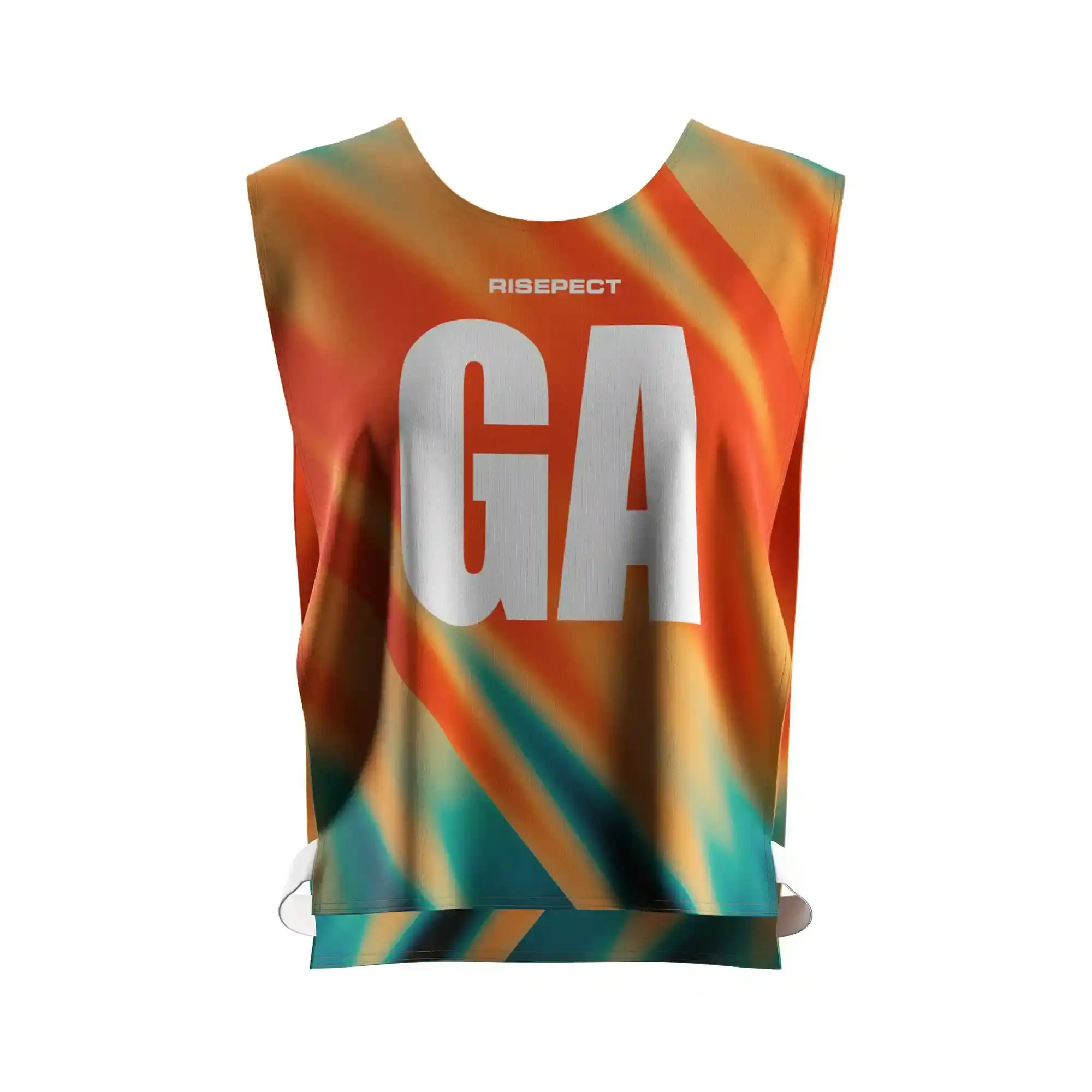 The front view of vibrant orange rowing marathon pinny open-sides with elastic straps with the letters GA