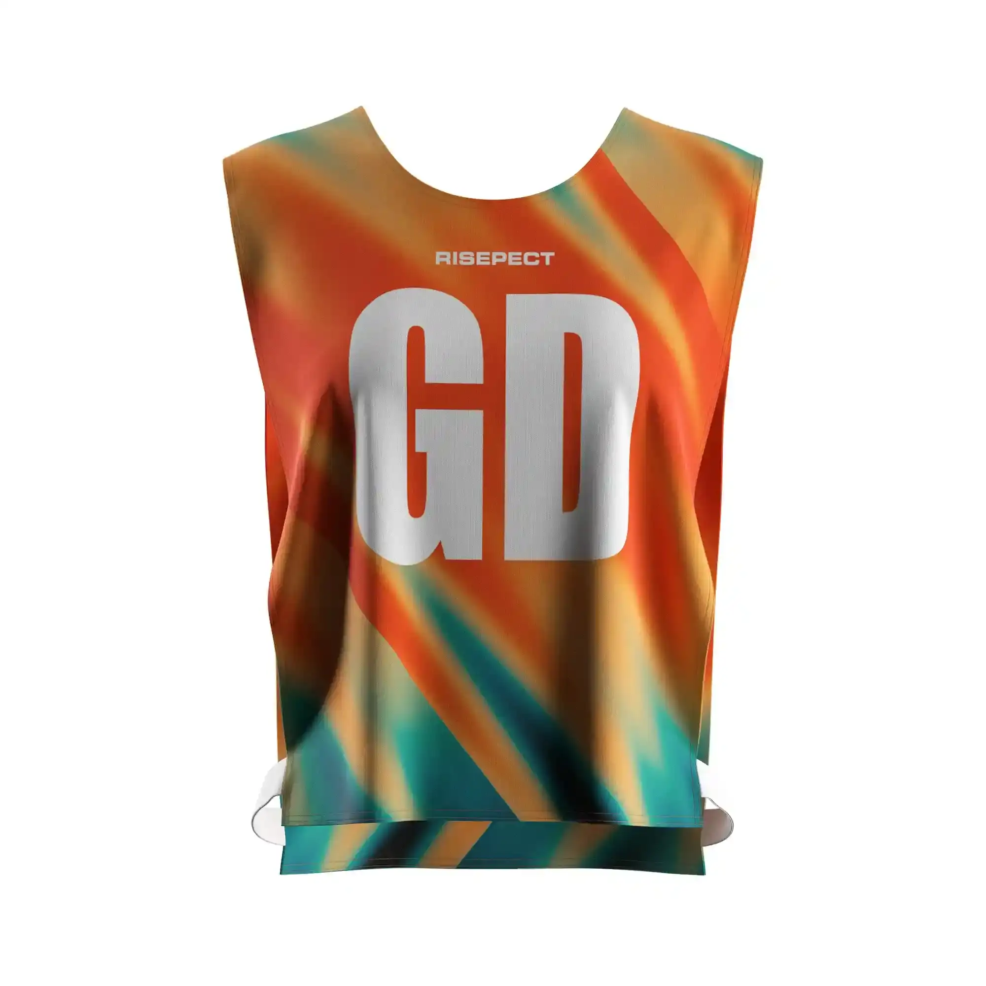 The front view of vibrant orange rowing marathon pinny open-sides with elastic straps with the letters GD