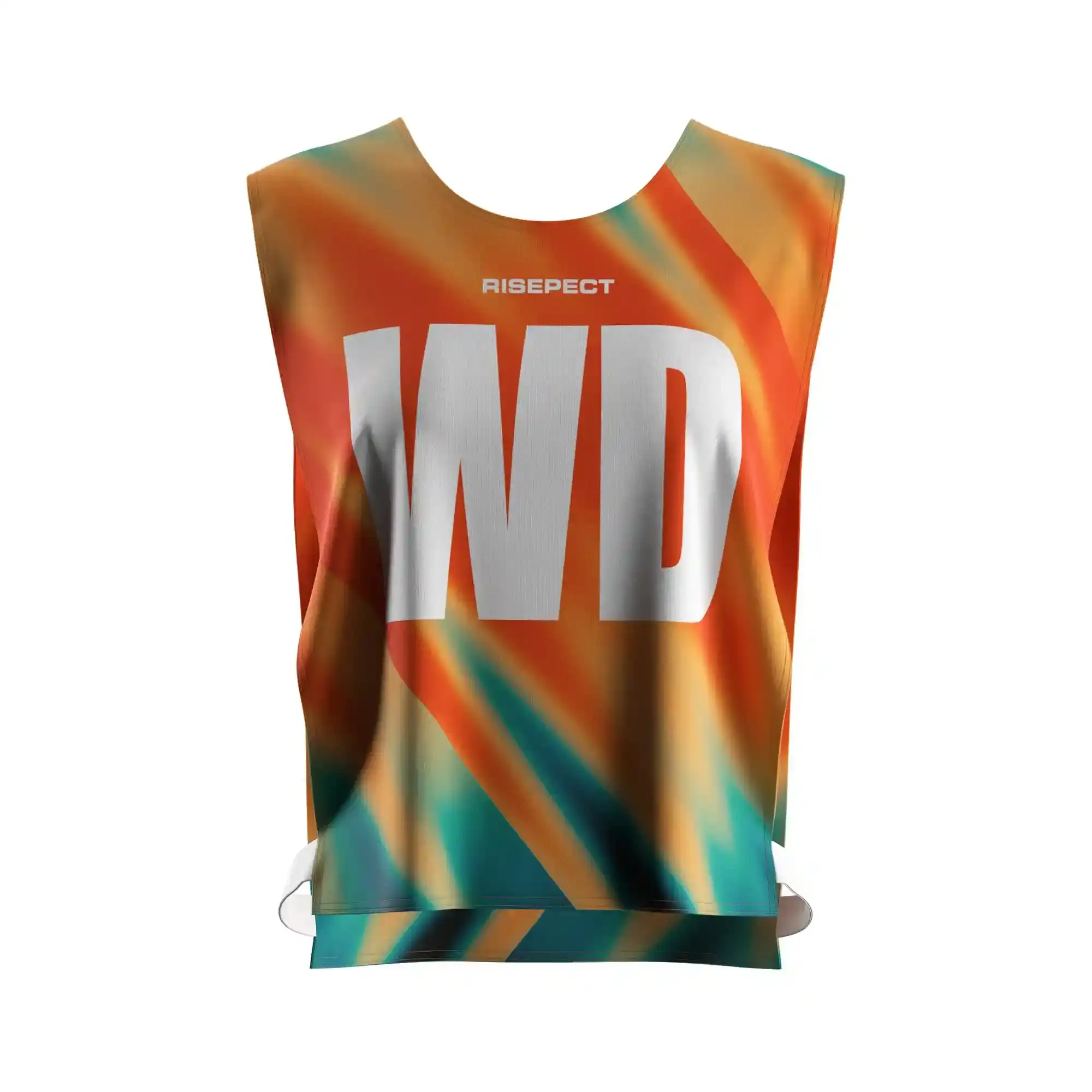 The front view of vibrant orange rowing marathon pinny open-sides with elastic straps with the letters WD