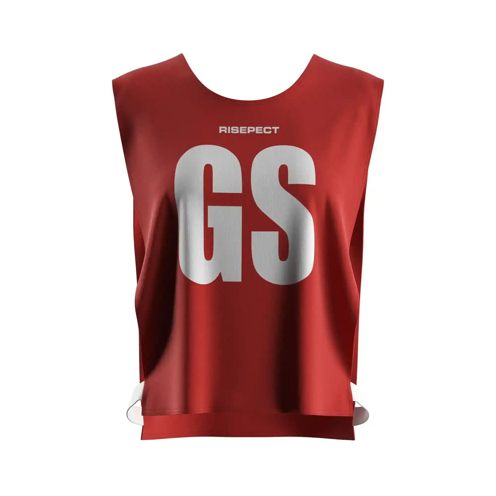 The front view of vivid red women's rowing scrimmage vest lightweight mesh with the letters GS