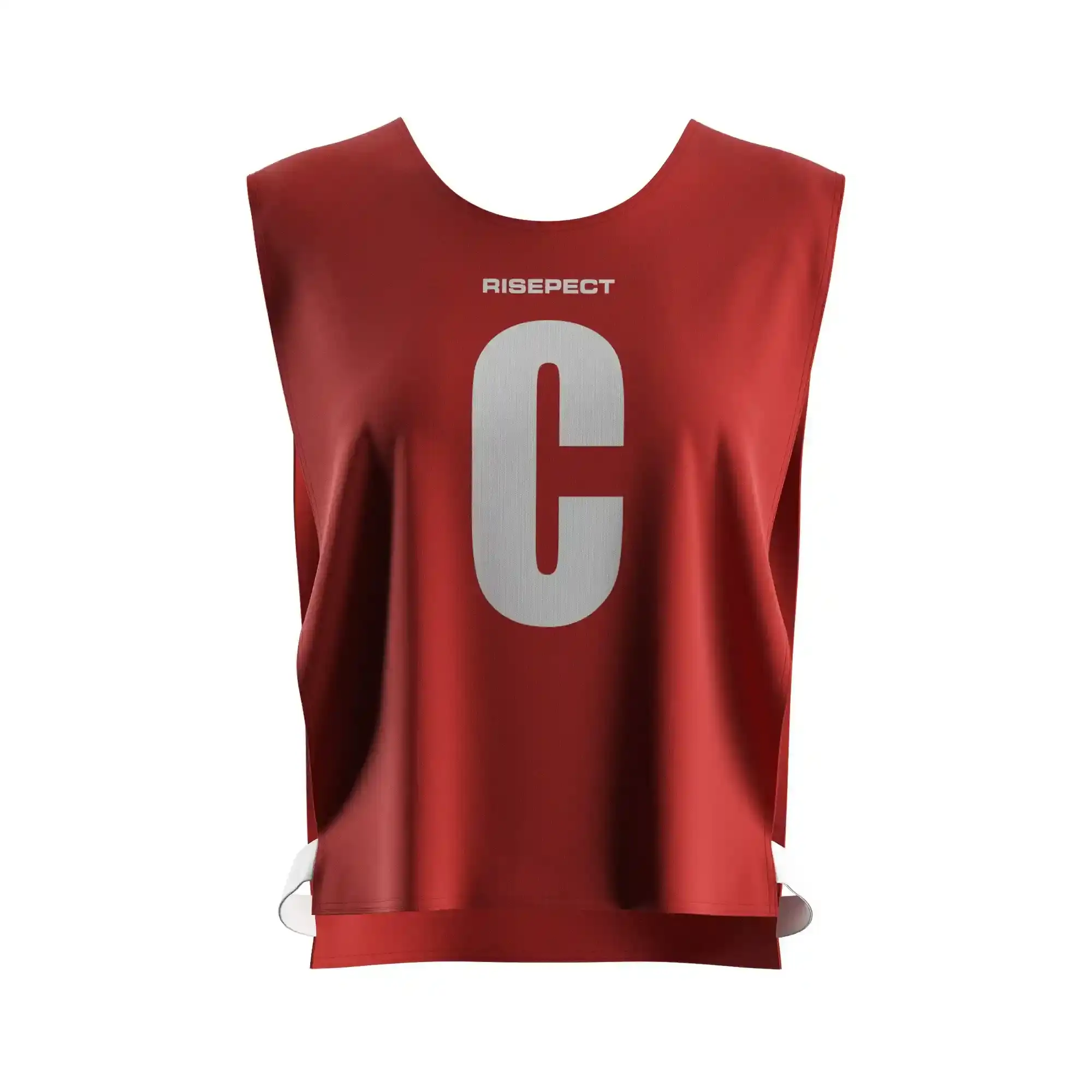 The front view of vivid red women's rowing scrimmage vest lightweight mesh with the letter C