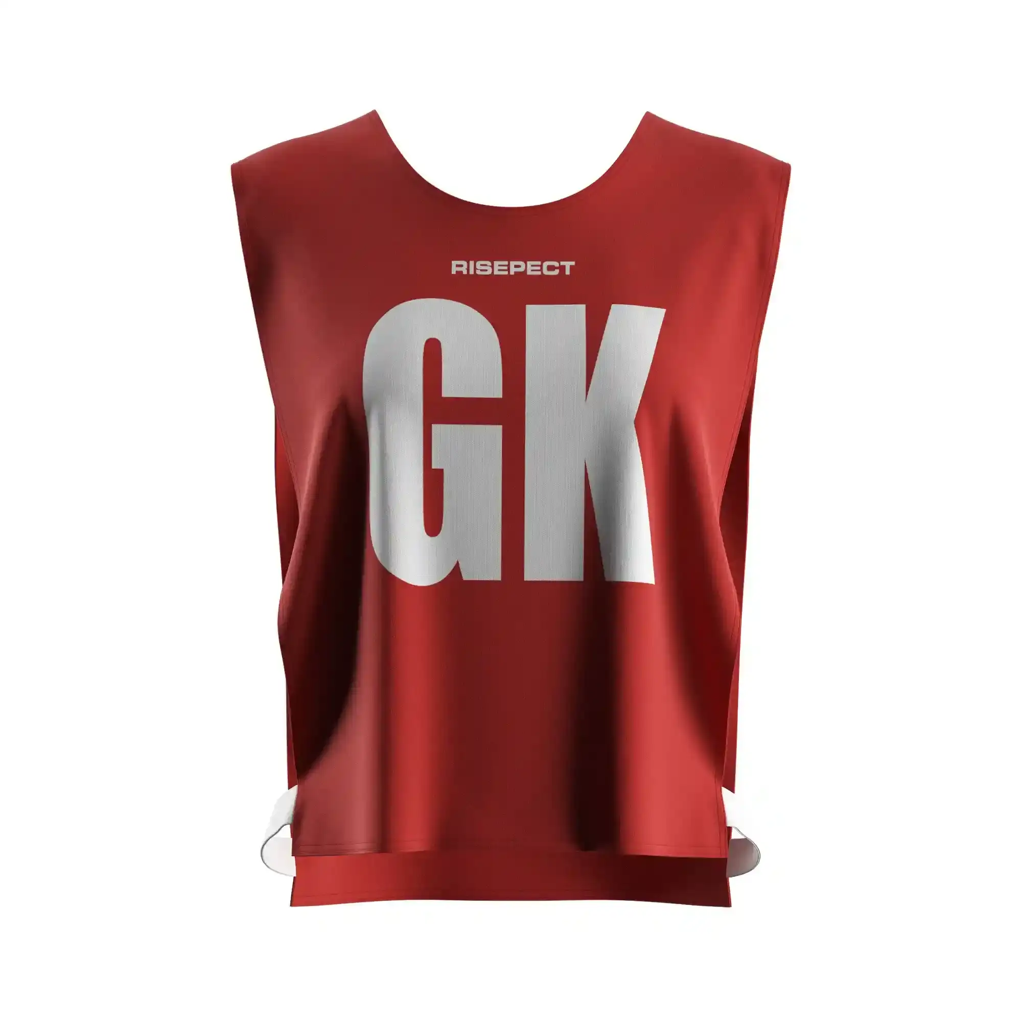 The Front View of vivid red women's rowing scrimmage vest lightweight mesh with the letters GK