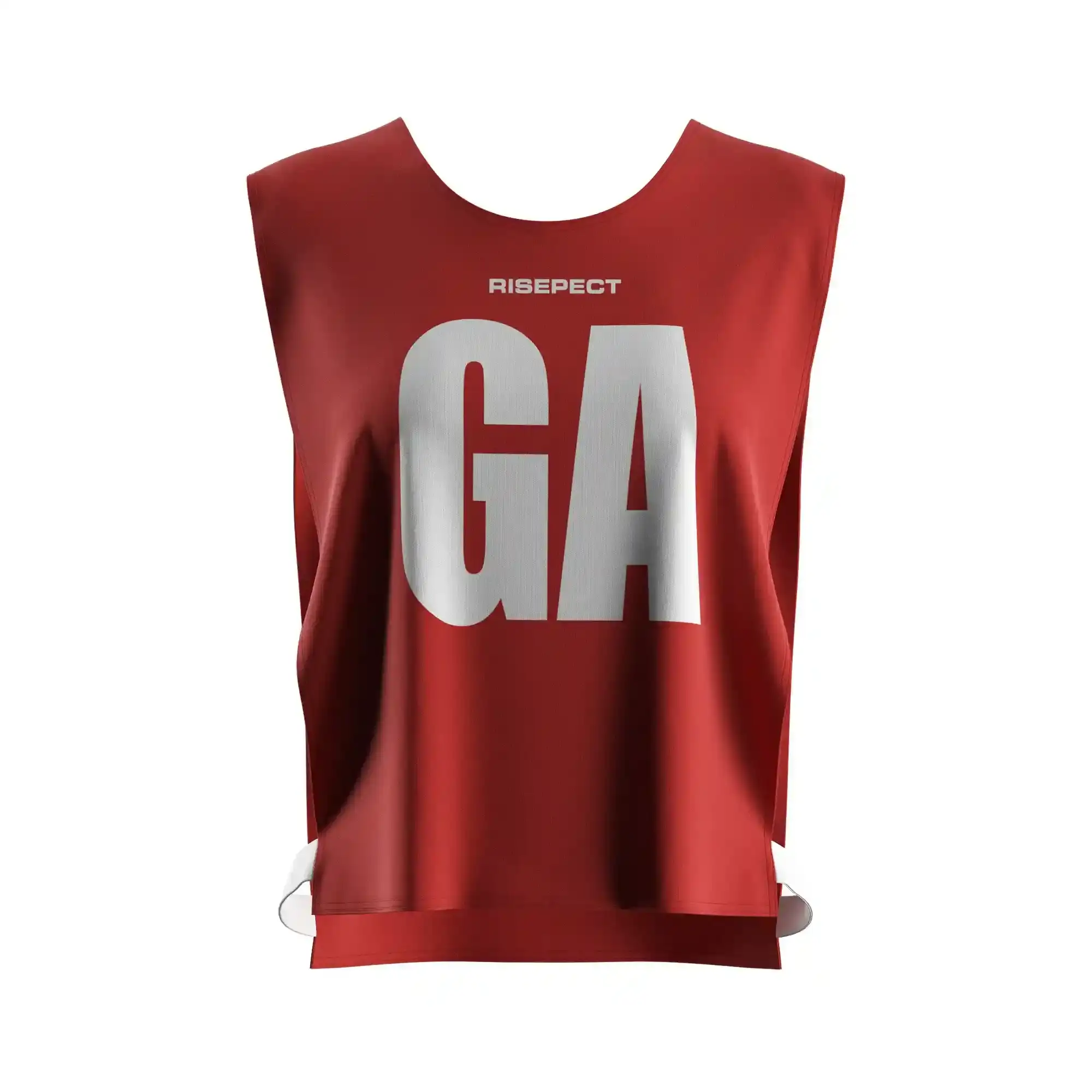 The front view of vivid red women's rowing scrimmage vest lightweight mesh with the letters GA