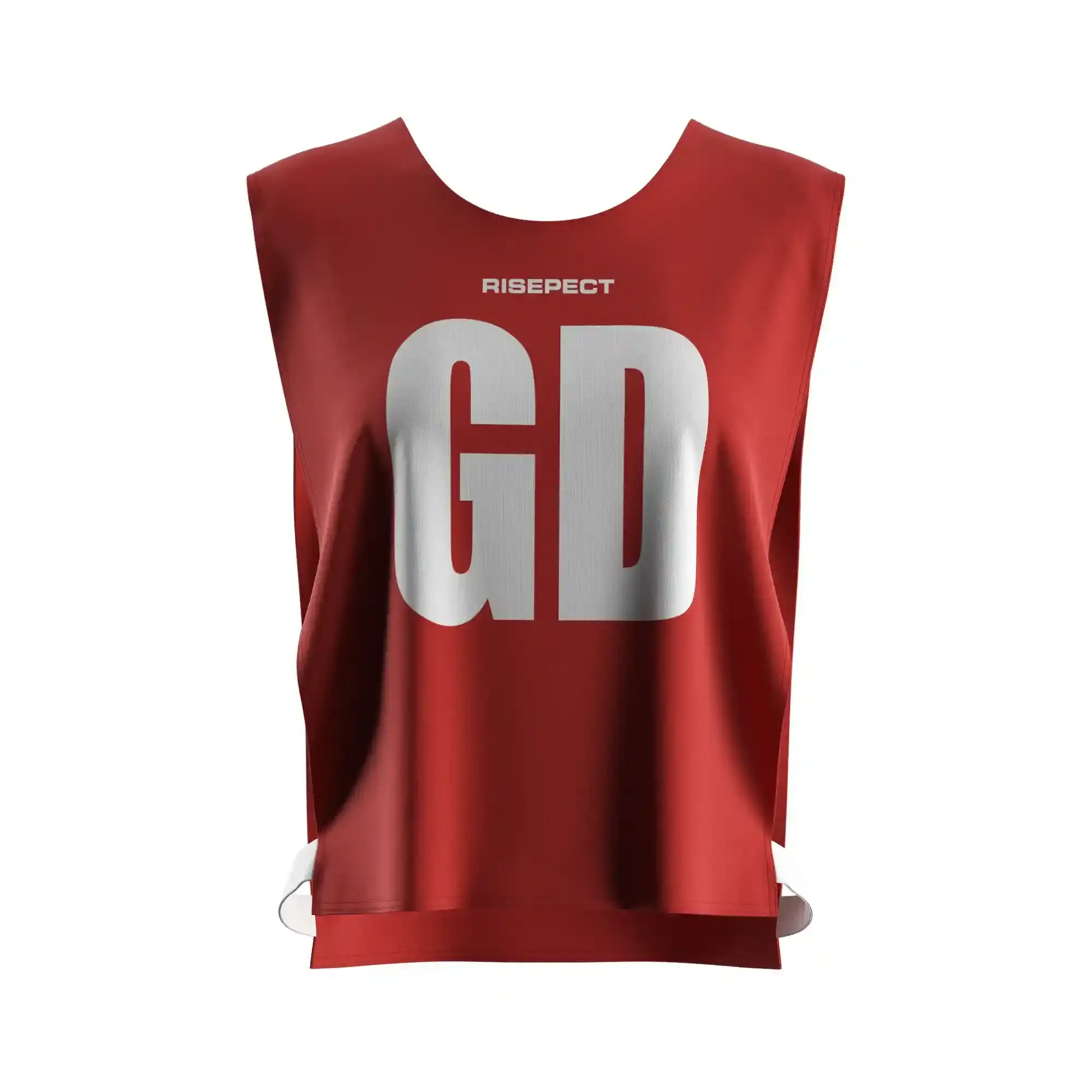 The front view of vivid red women's rowing scrimmage vest lightweight mesh with the letters GD