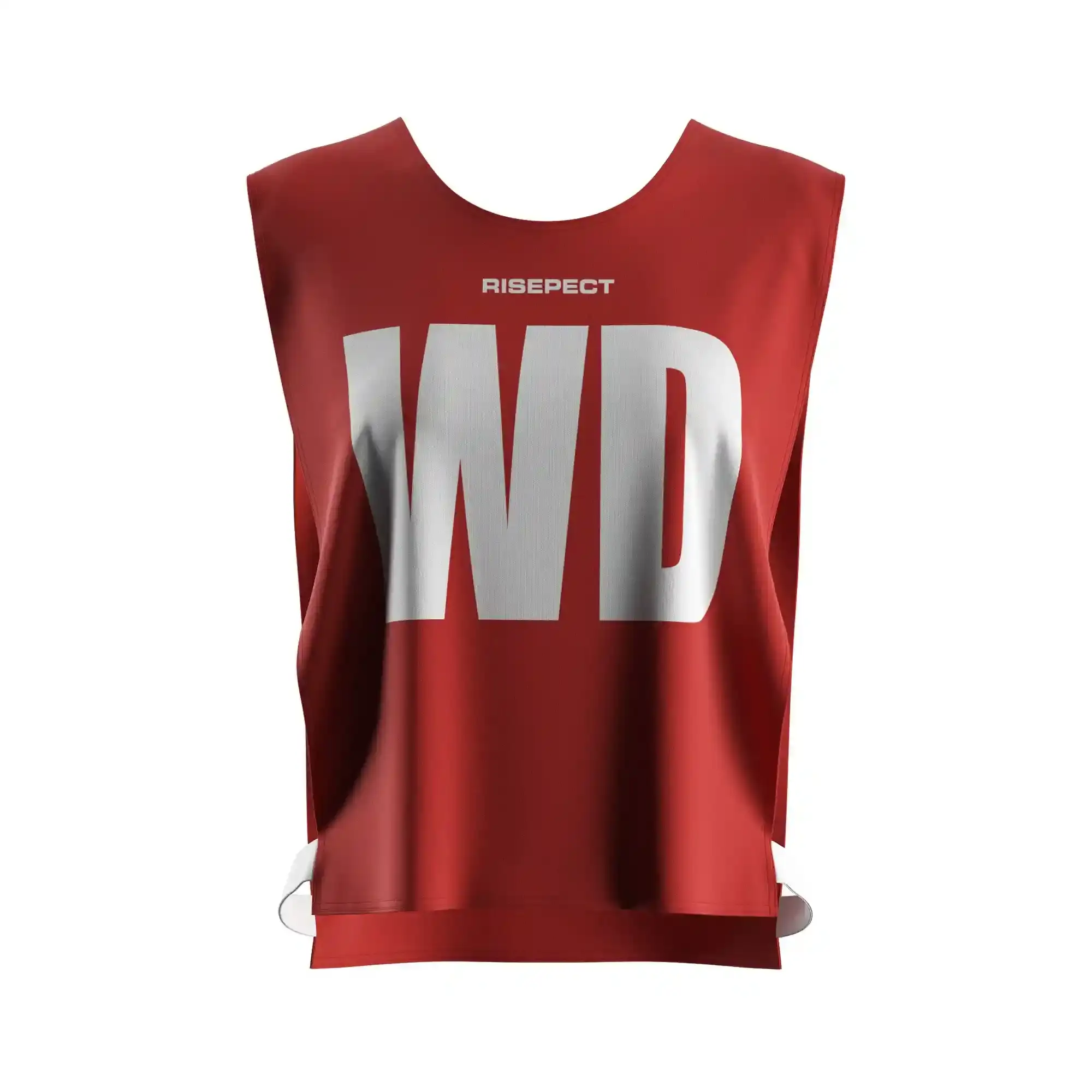 The front view of vivid red women's rowing scrimmage vest lightweight mesh with the letters WD