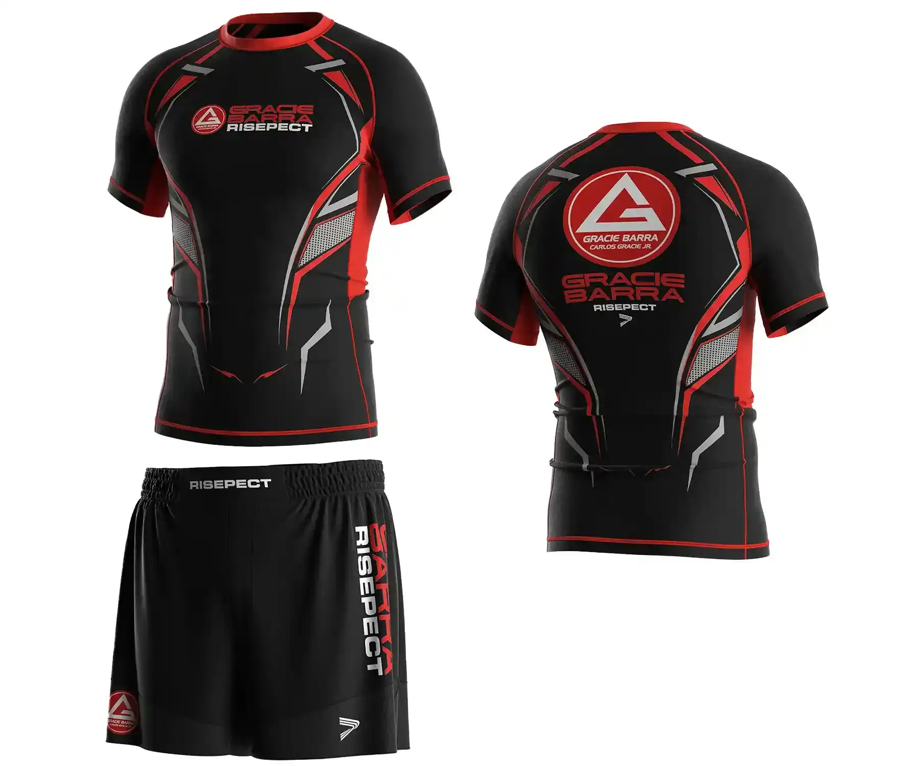Custom Gracie Barra competition team fightwear rash guard and shorts set with red and black