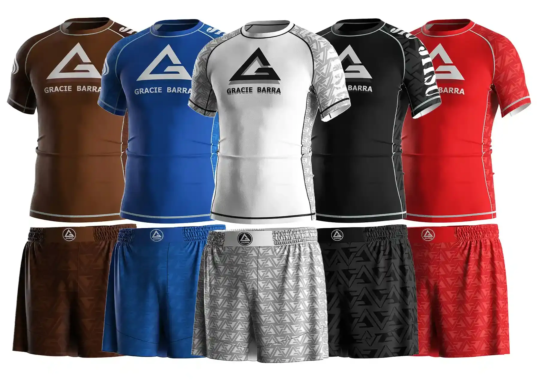 Custom gracie barra jiu-jitsu academy rash guard and shorts with white, blue, purple, brown and black rank colors