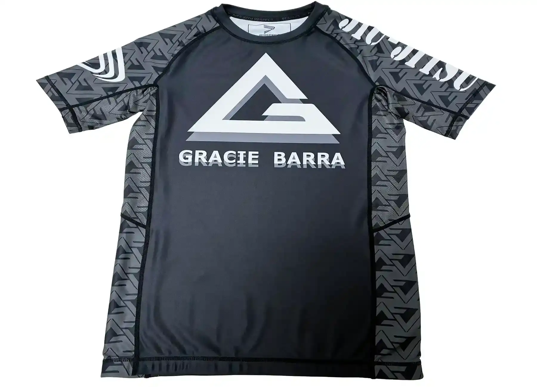 The front view of custom gracie barra team rash guard with sublimated printing