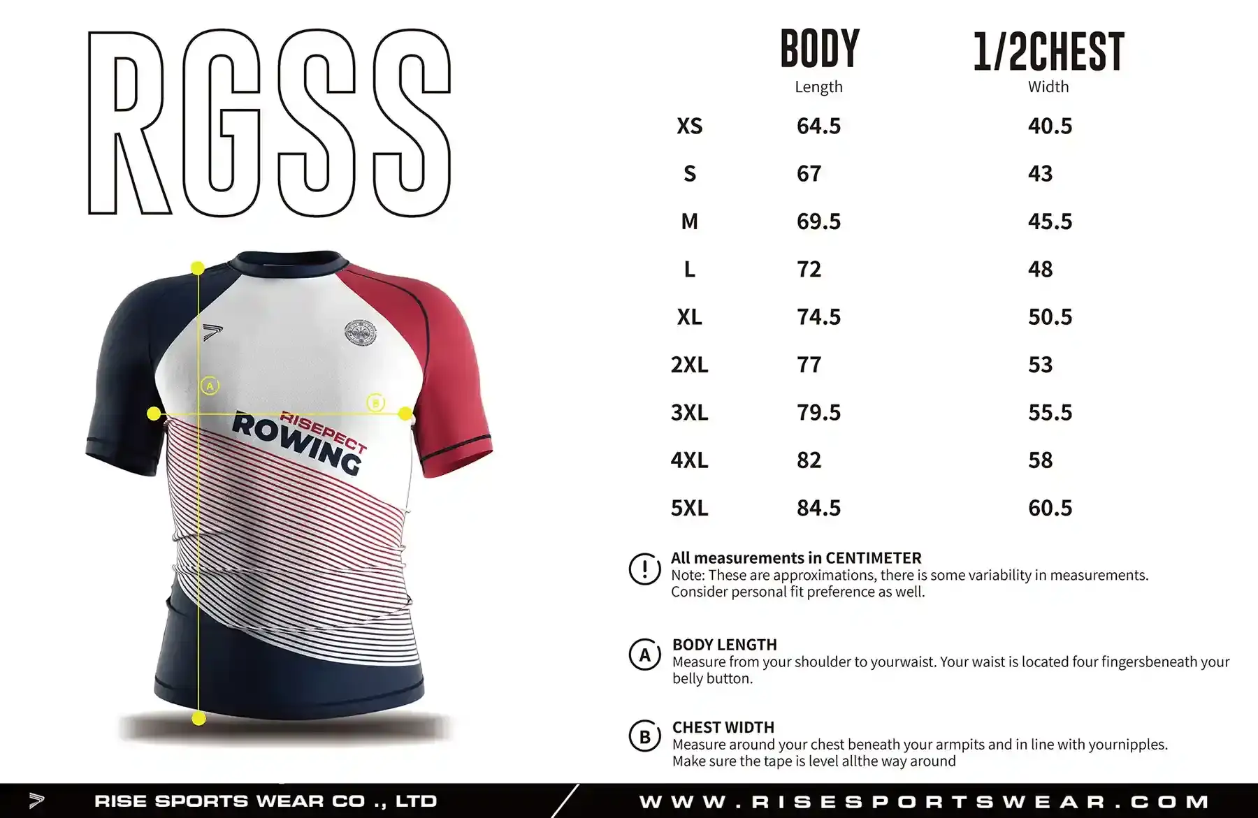 Use men's rowing short sleeve rash guard sizes chart provided by Rise Sportswear, or custom your own brand/club/team sizes chart for men's short sleeve rash guard.