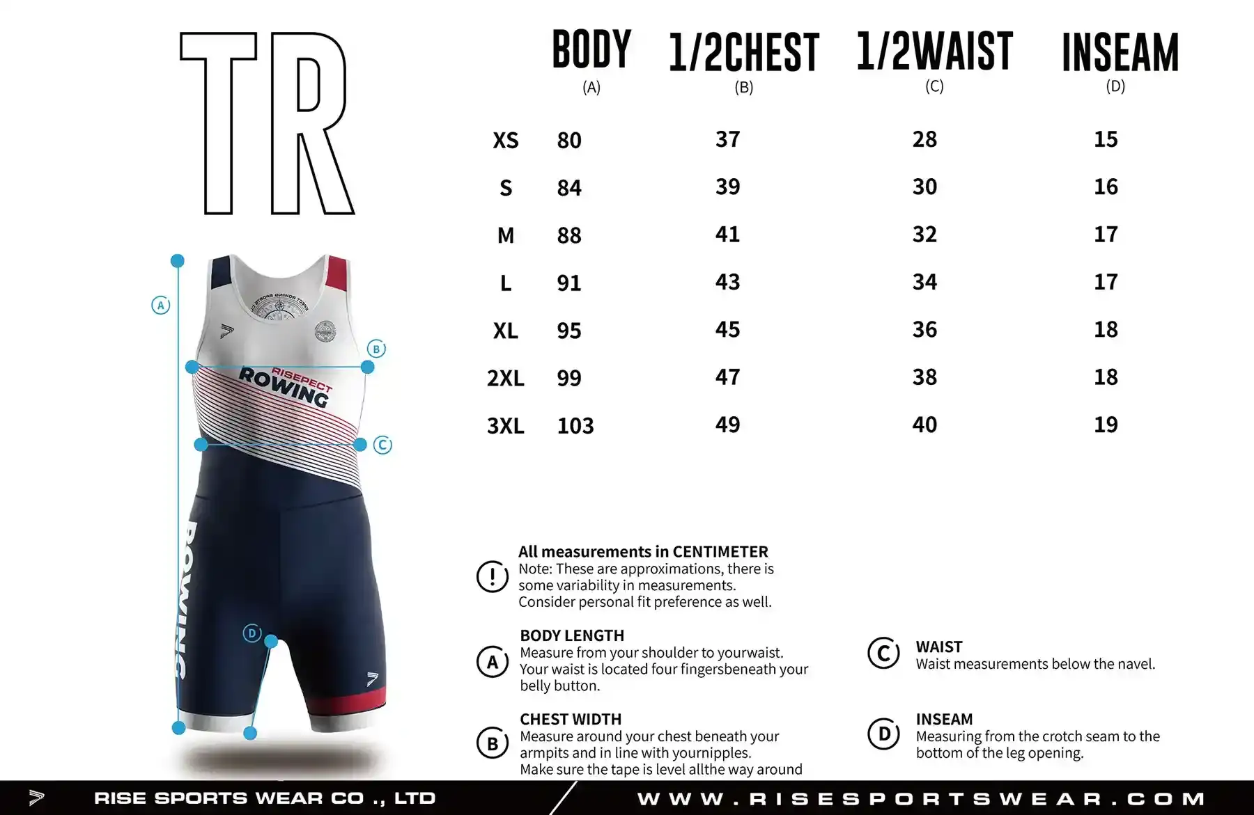 Use men's rowing unisuit sizes chart provided by Rise Sportswear, or custom your own brand/club/team sizes chart for men's rowing unisuit.