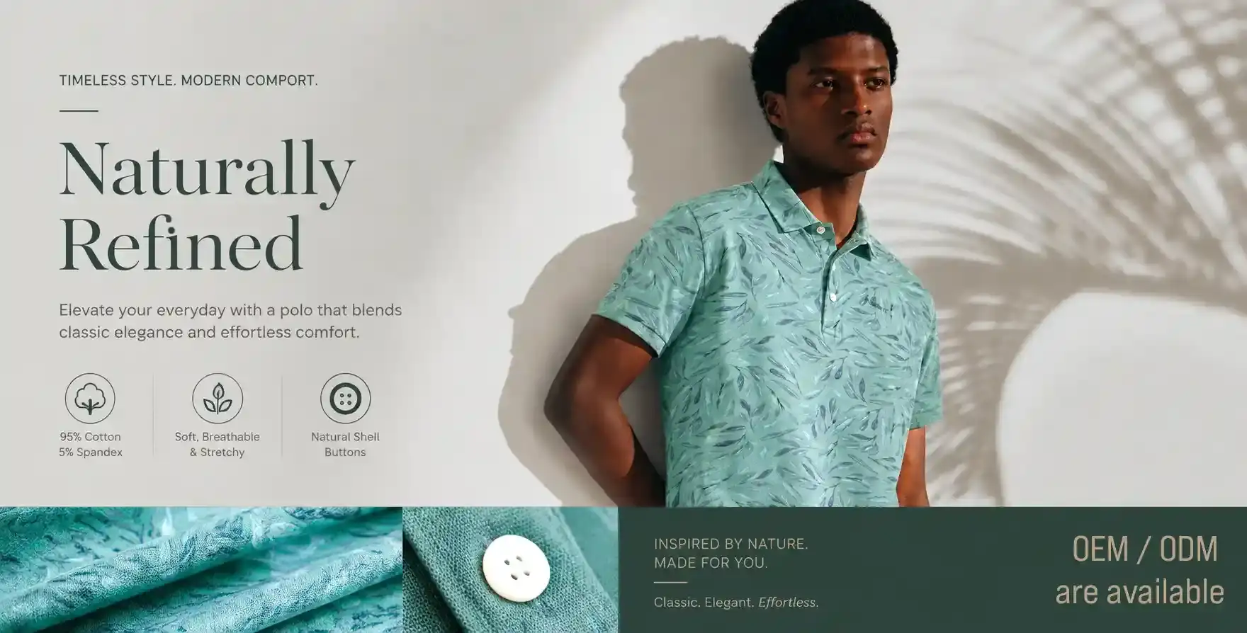 Naturally refined. Timeless style. Modern comport. Elevate your everyday with the custom reactive print mint green men's golf polo shirt that blends classic elegance and effortless comfort. The custom reactive print mint green men's golf polo shirt features 95% cotton 5% spandex; soft, breathable & stretchy; natural shell buttons. Inspired by nature. Made for you. Classic. Elegant. Effortless. Oem / odm are available.