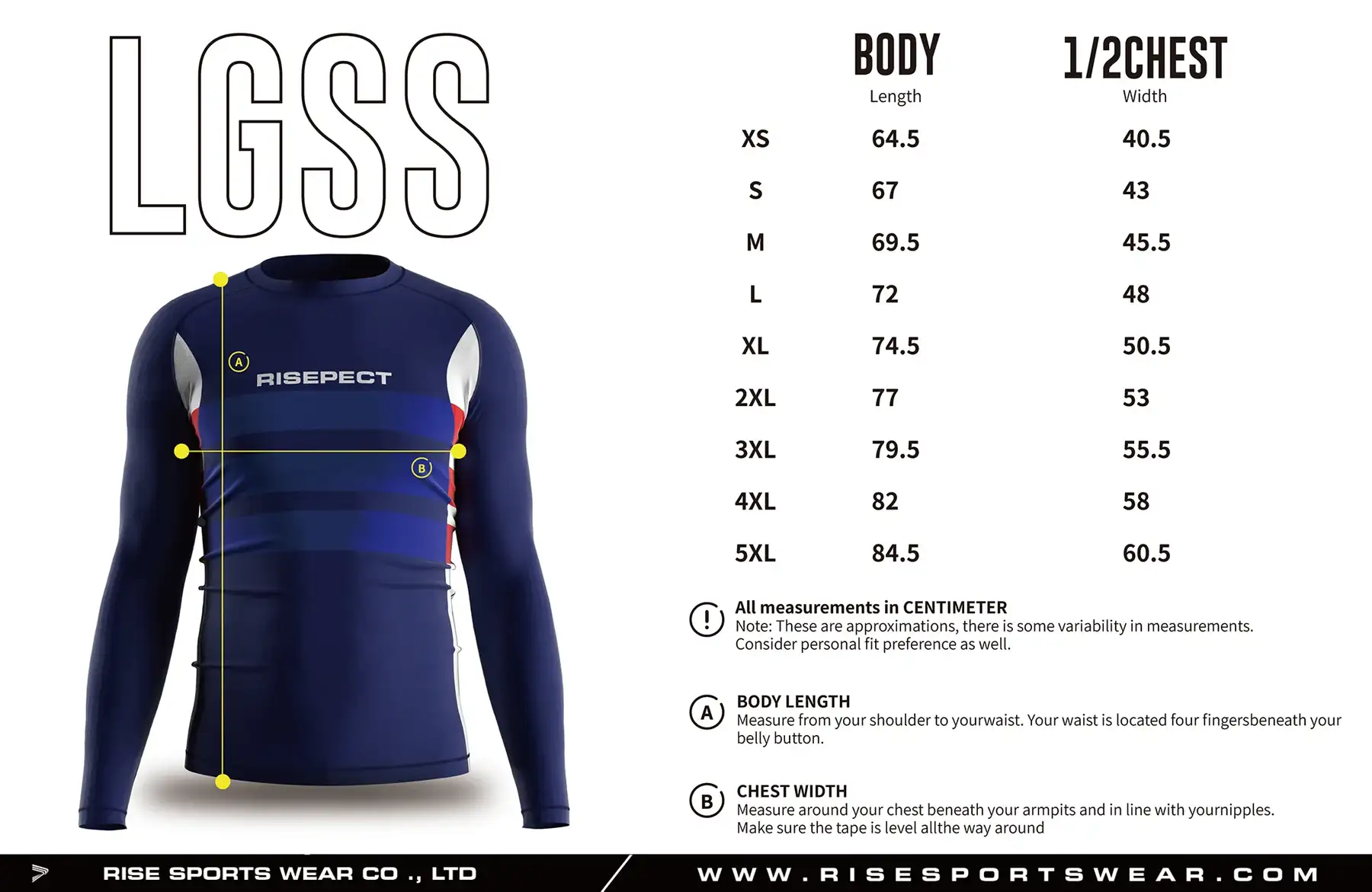 Use men's rowing long sleeve rash guard sizes provided by Rise Sportswear, or custom your own brand/club/team/school sizes for men's rowing long sleeve rash guard.