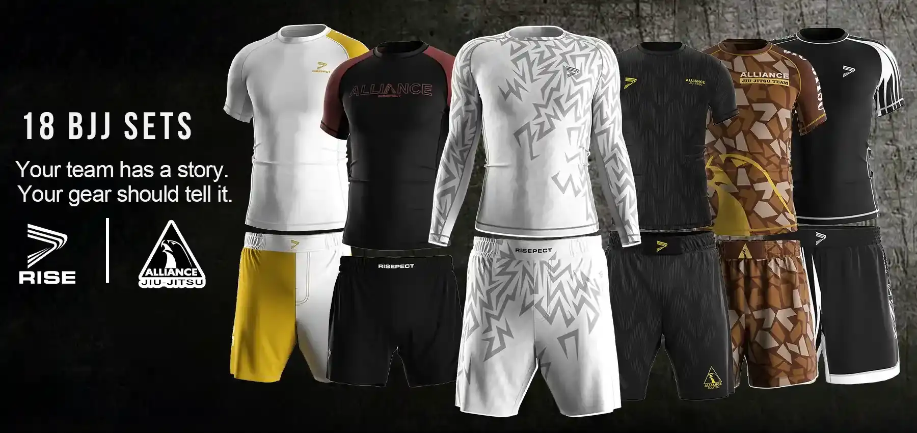 18 Alliance bjj sets design by Rise Sportswear. Your team has a story. Your gear should tell it. Rise Sportswear co-branded Alliance Jiu-Jitsu