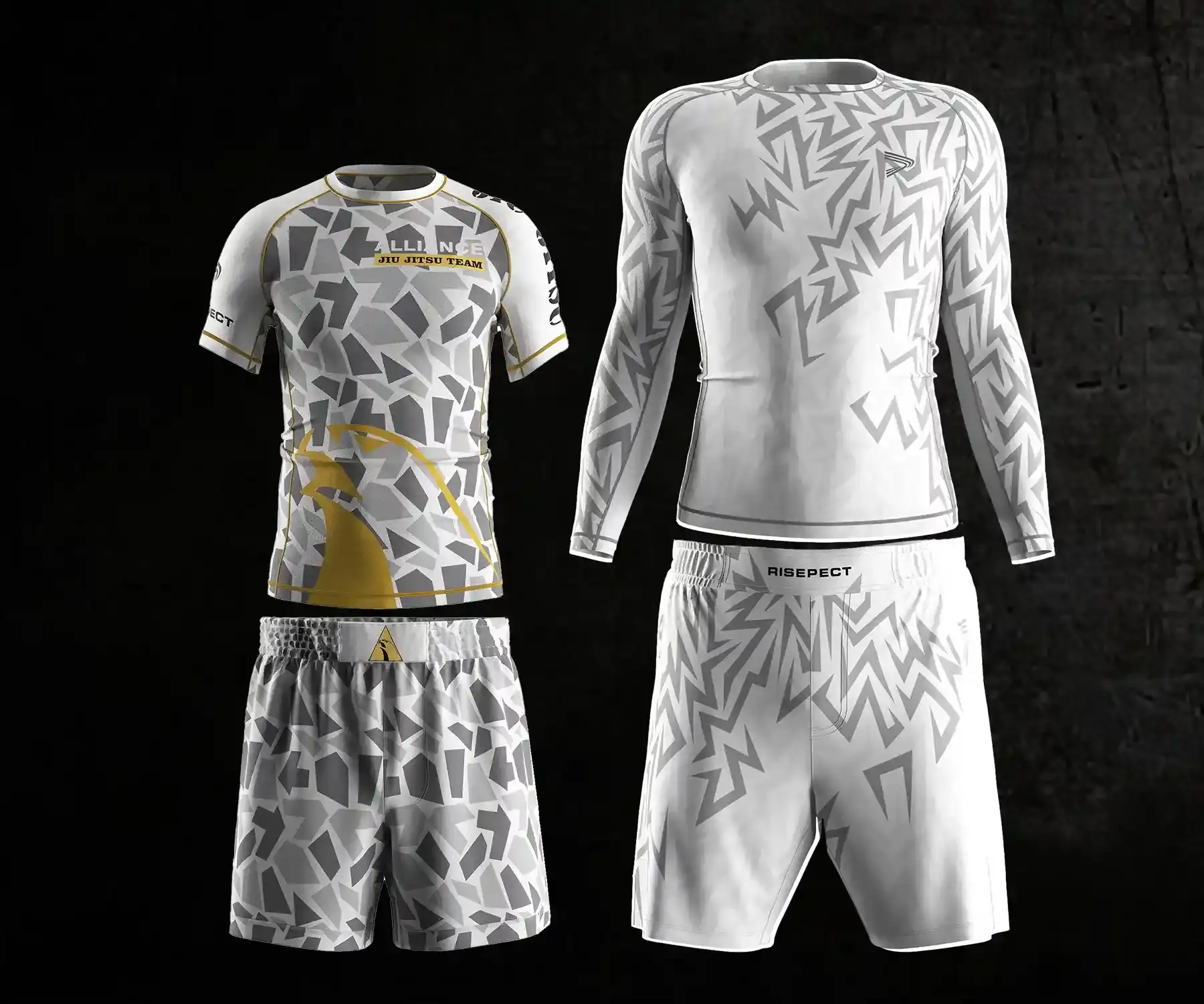 Alliance jiu-jitsu long-sleeved rash guard and short-sleeved rash guard matching fight shorts, design by Rise Sportswear