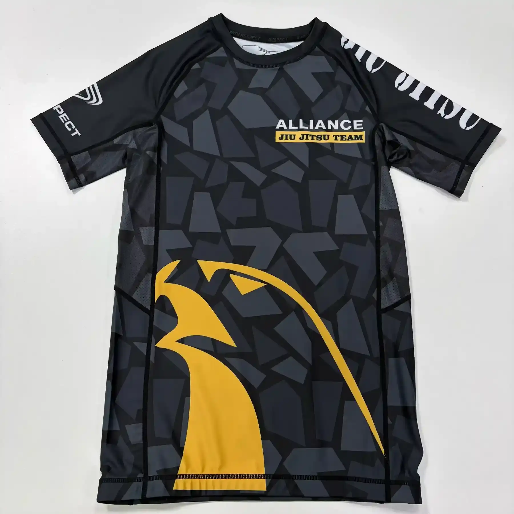 The front view of Alliance Jiu-jitsu rash guard