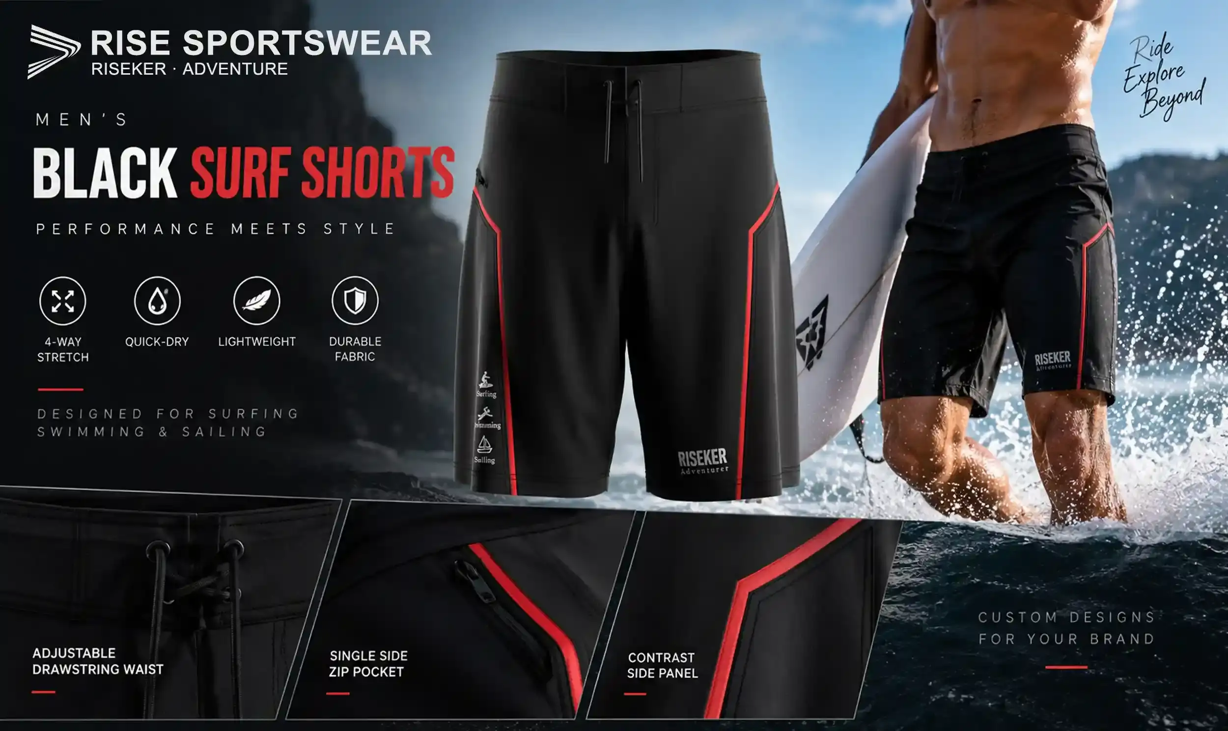 Black Surf Shorts for Men with Red Accent & Side Zip Pocket Banner