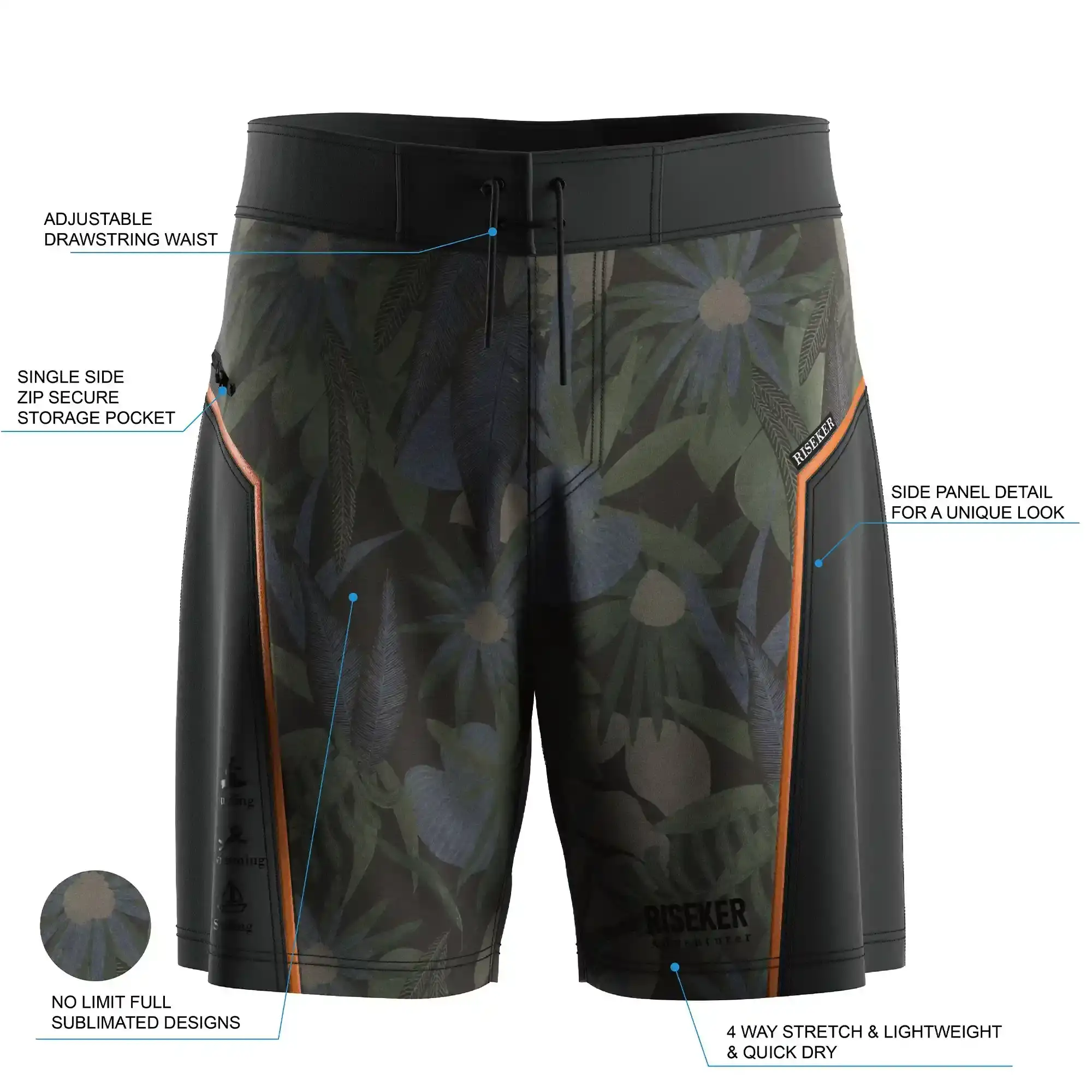 Men's board shorts with colorblocking and side pocket features