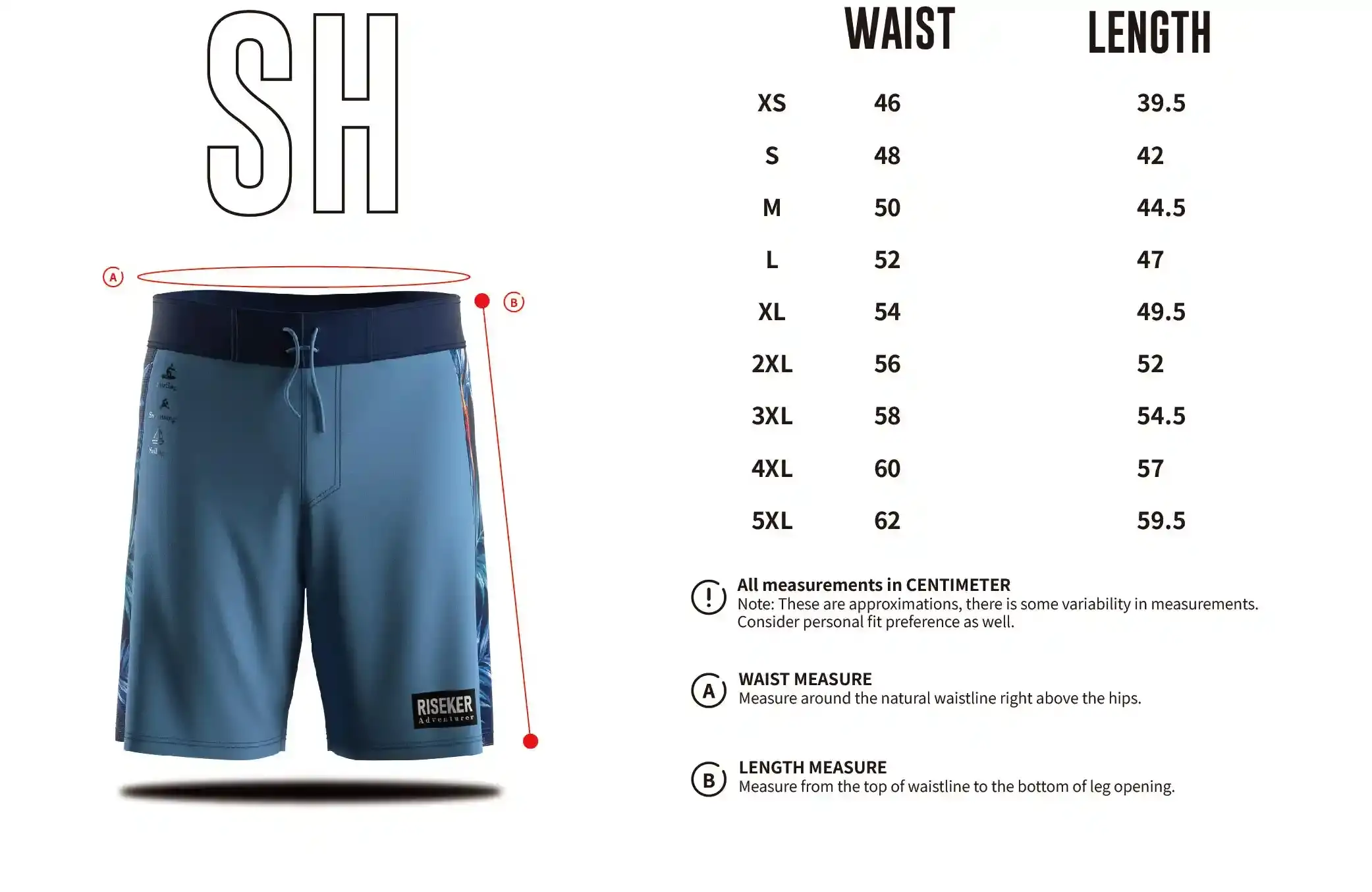 Custom men's board shorts with colorblocking and side pocket size chart, or use men's board shorts with colorblocking and side pocket provide by Rise Sportswear.