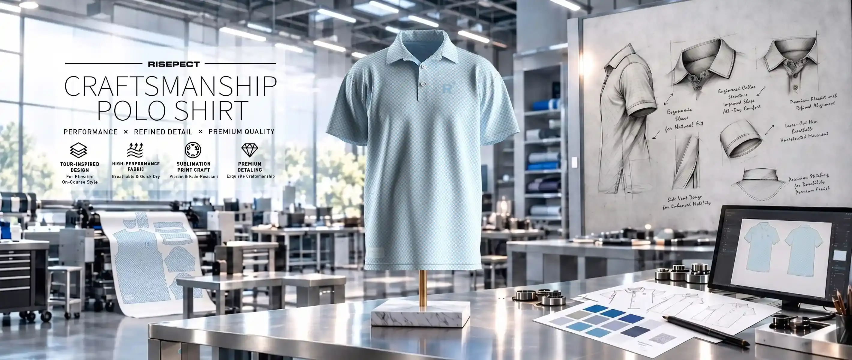 Golf polo men's light blue check banner
