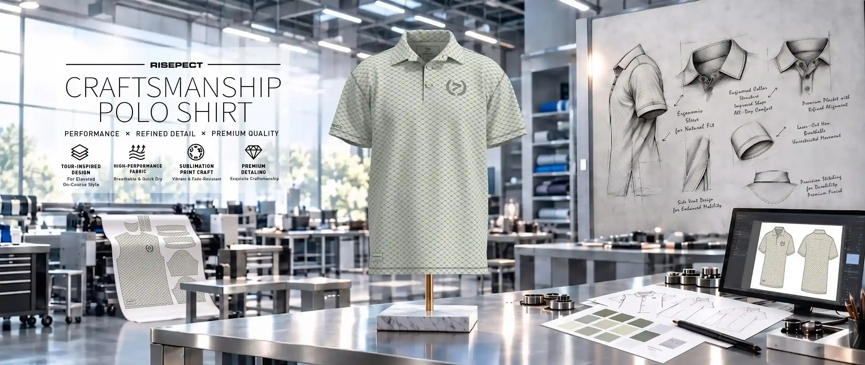 Golf polo moq 10 male sage gray diamond banner