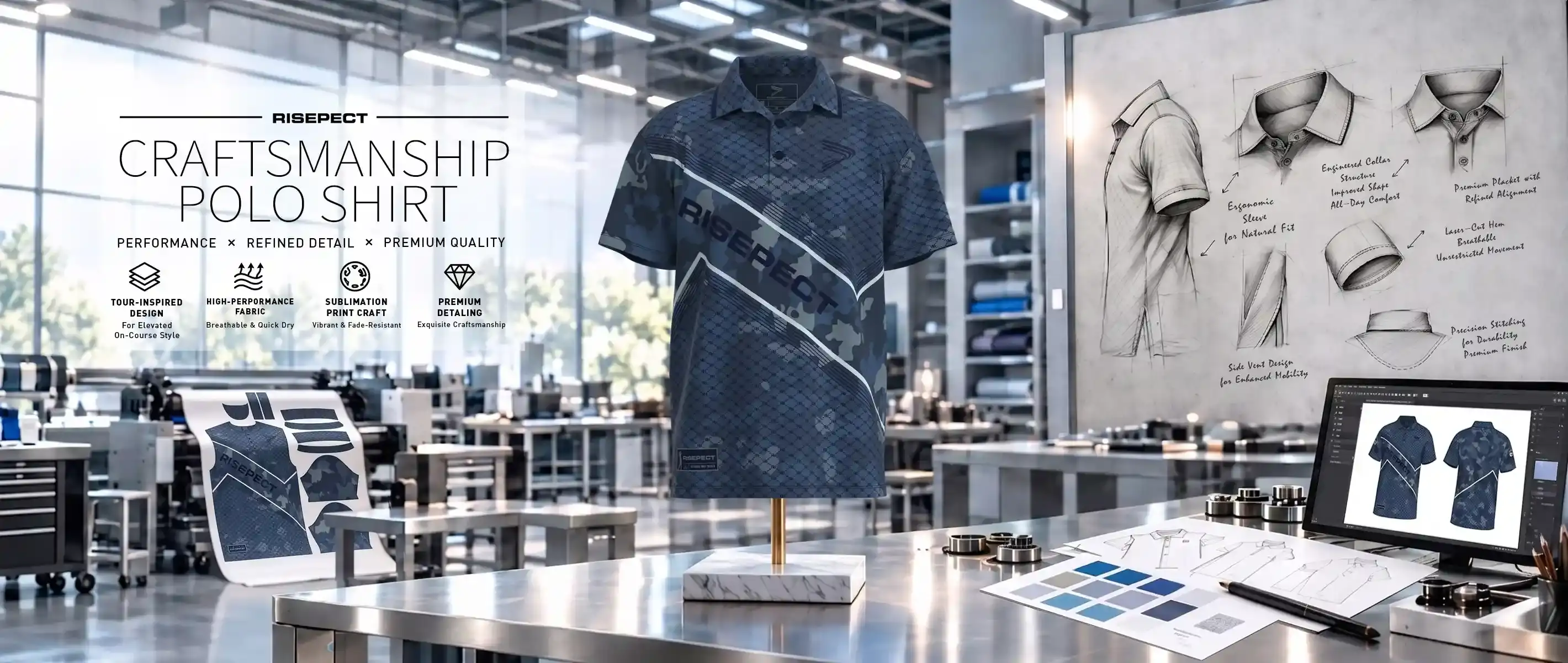 Golf shirt with logo for mens navy camo geometric banner