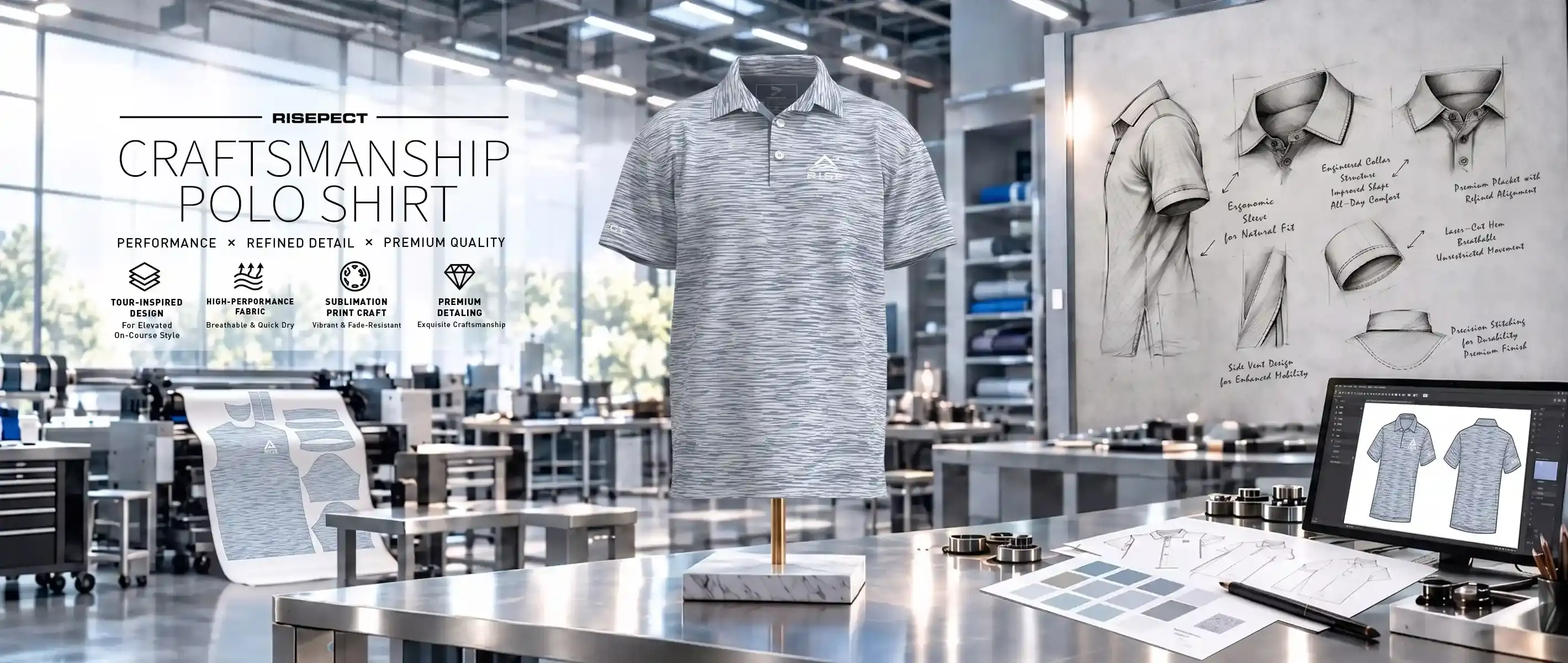 Polo de golf men blue gray heather banner