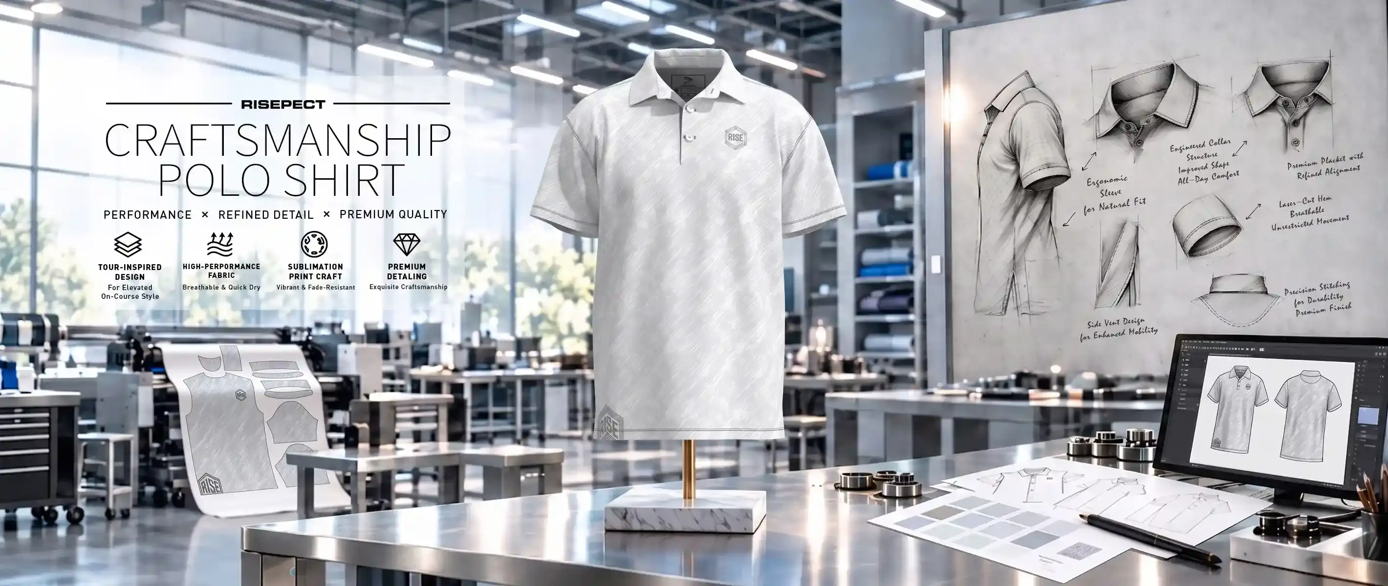 Sublimation golf shirts for men white gray brushstroke banner