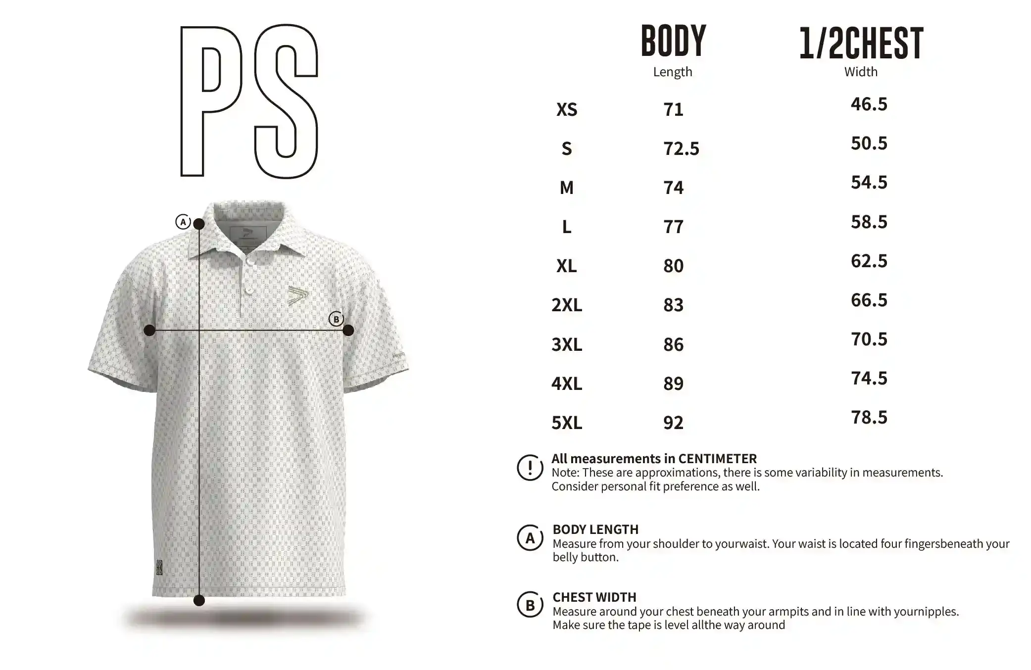Men's sizes chart of urban upstart luxury golf short sleeve polo