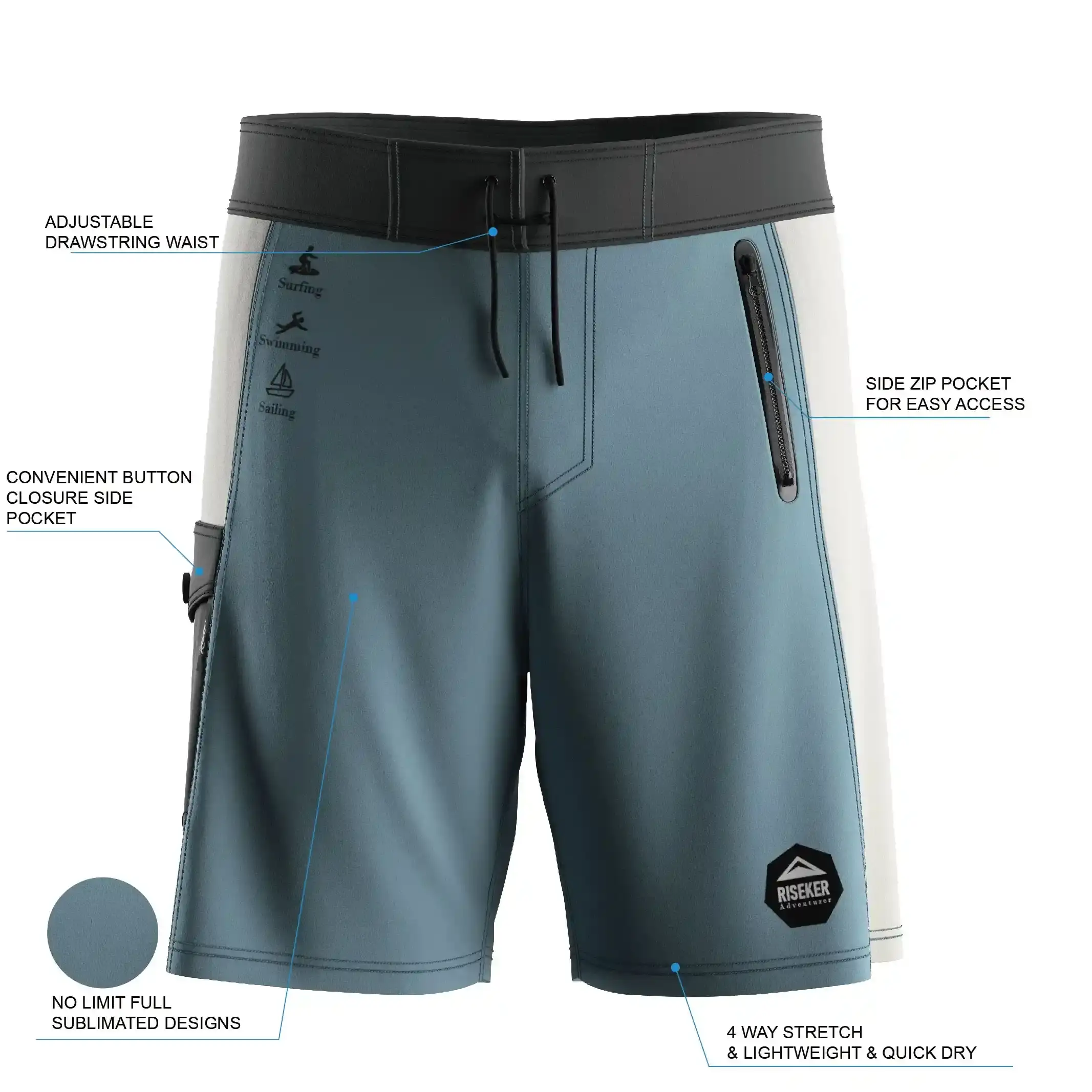 The features of men's board shorts drawstring side pockets cut